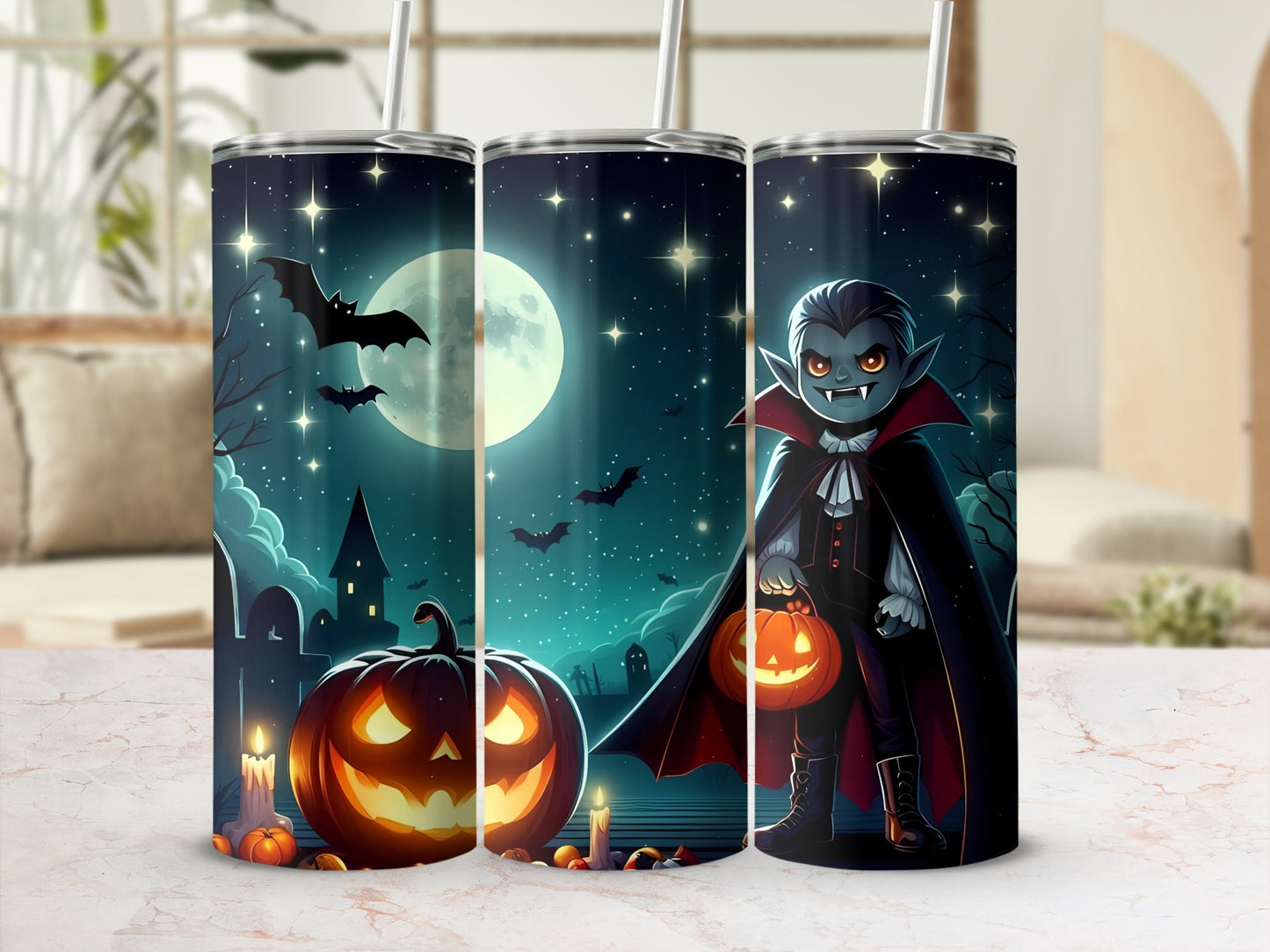 Halloween Vampire and Pumpkin Theme Tumbler Cup Design