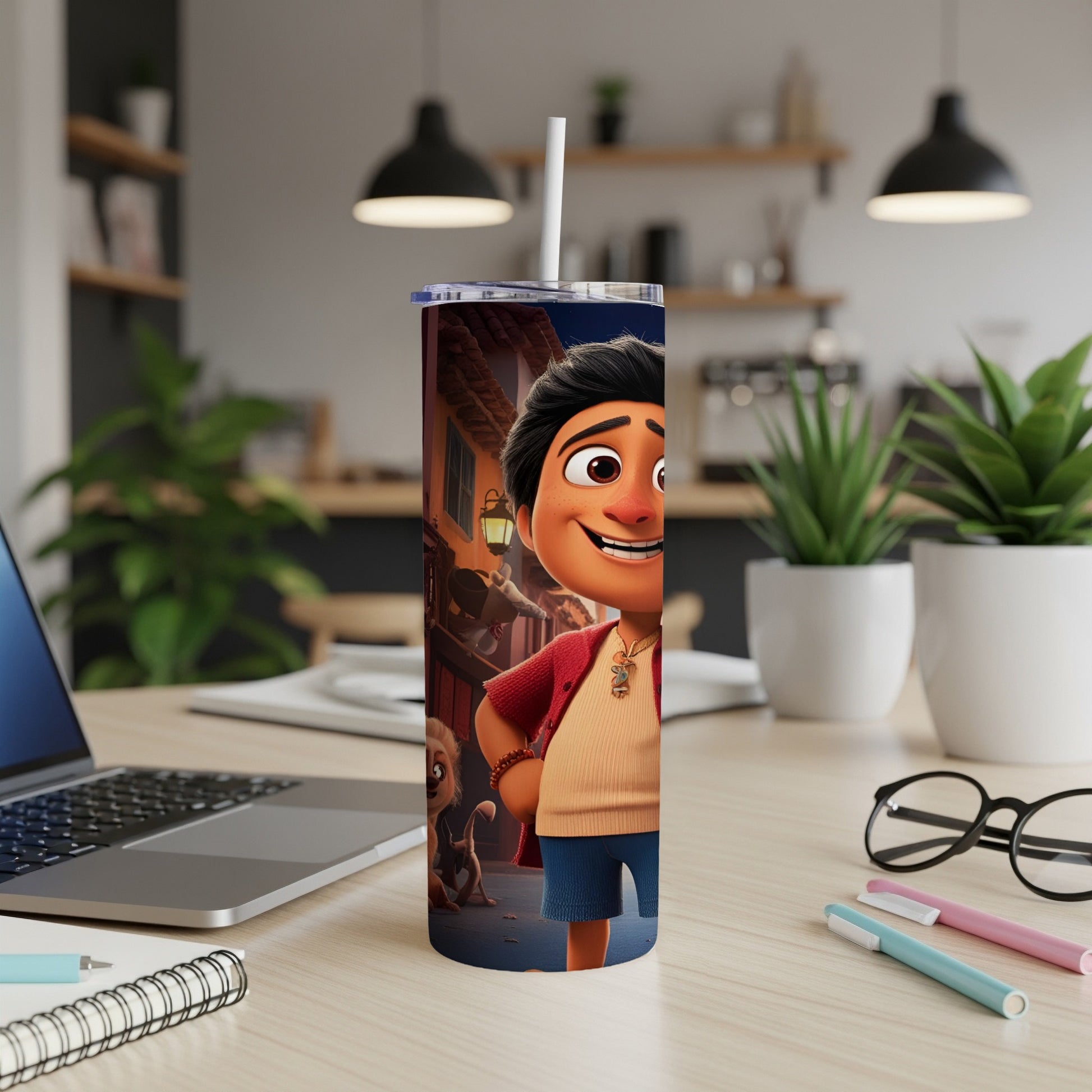 Animated character with a dog on a colorful tumbler.