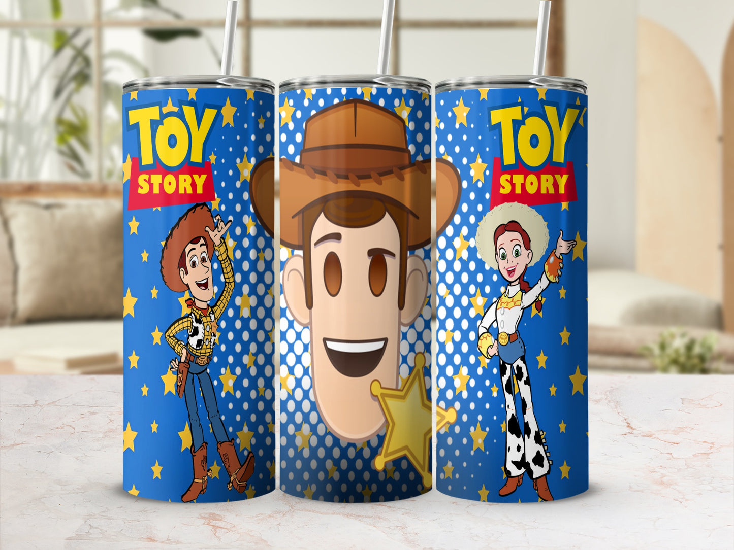 Toy Story themed tumblers featuring Woody and Jessie against a starry blue background.