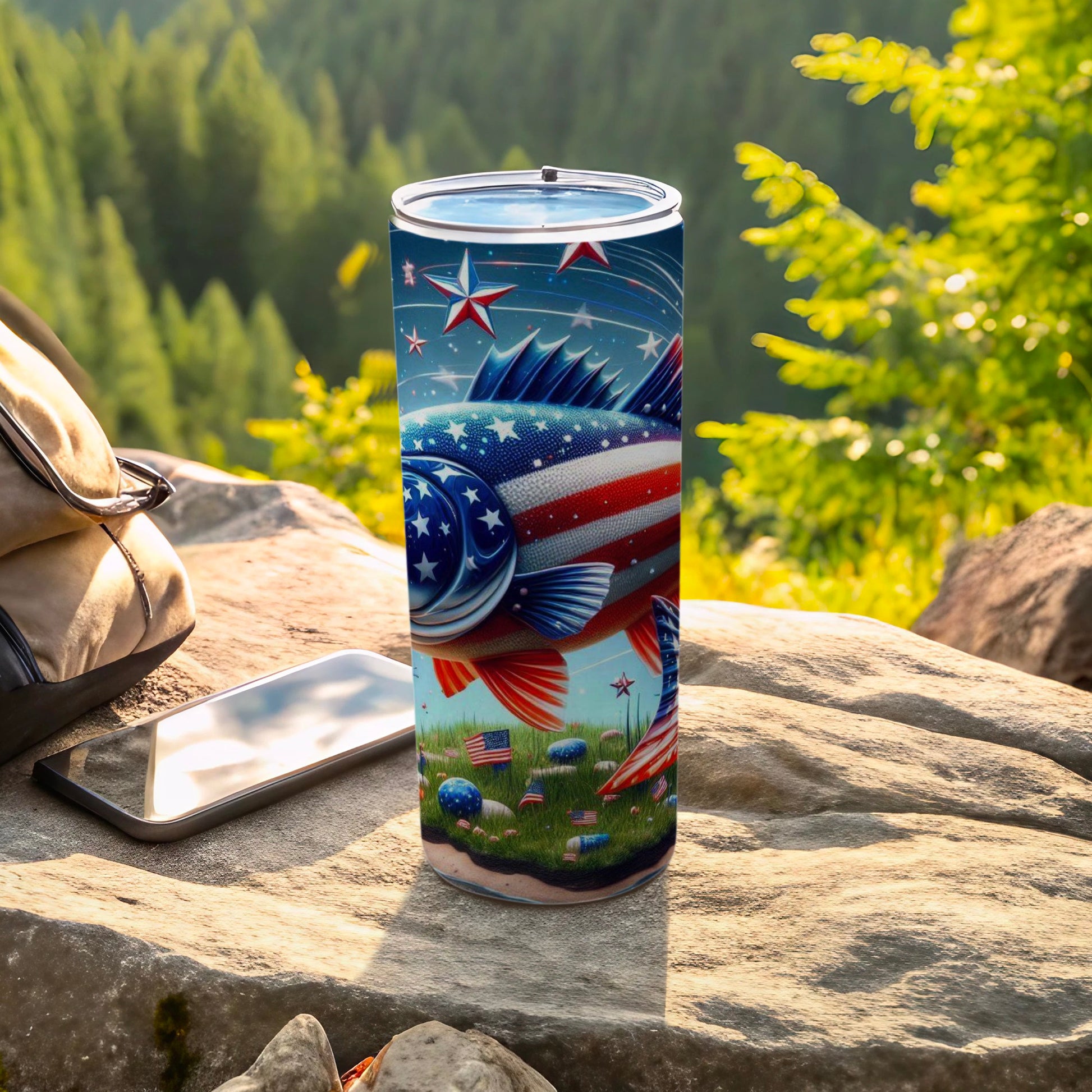 American flag fish design on a stainless steel tumbler with patriotic elements.