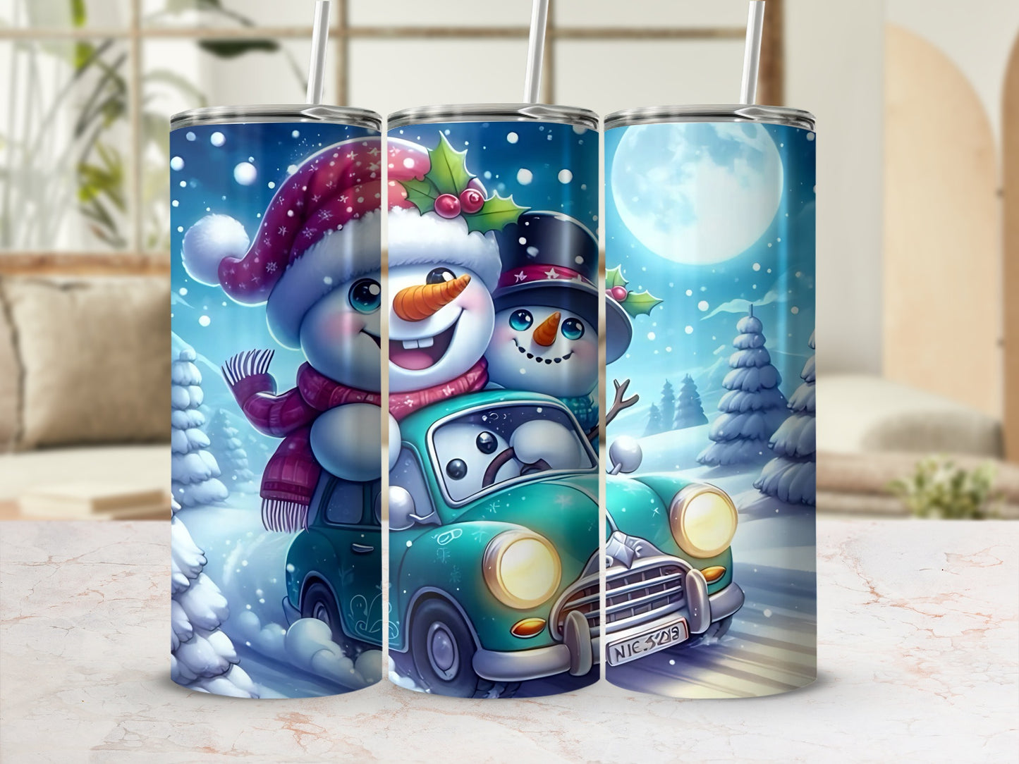 Festive Snowman Driving Car Winter Themed Tumbler Cup