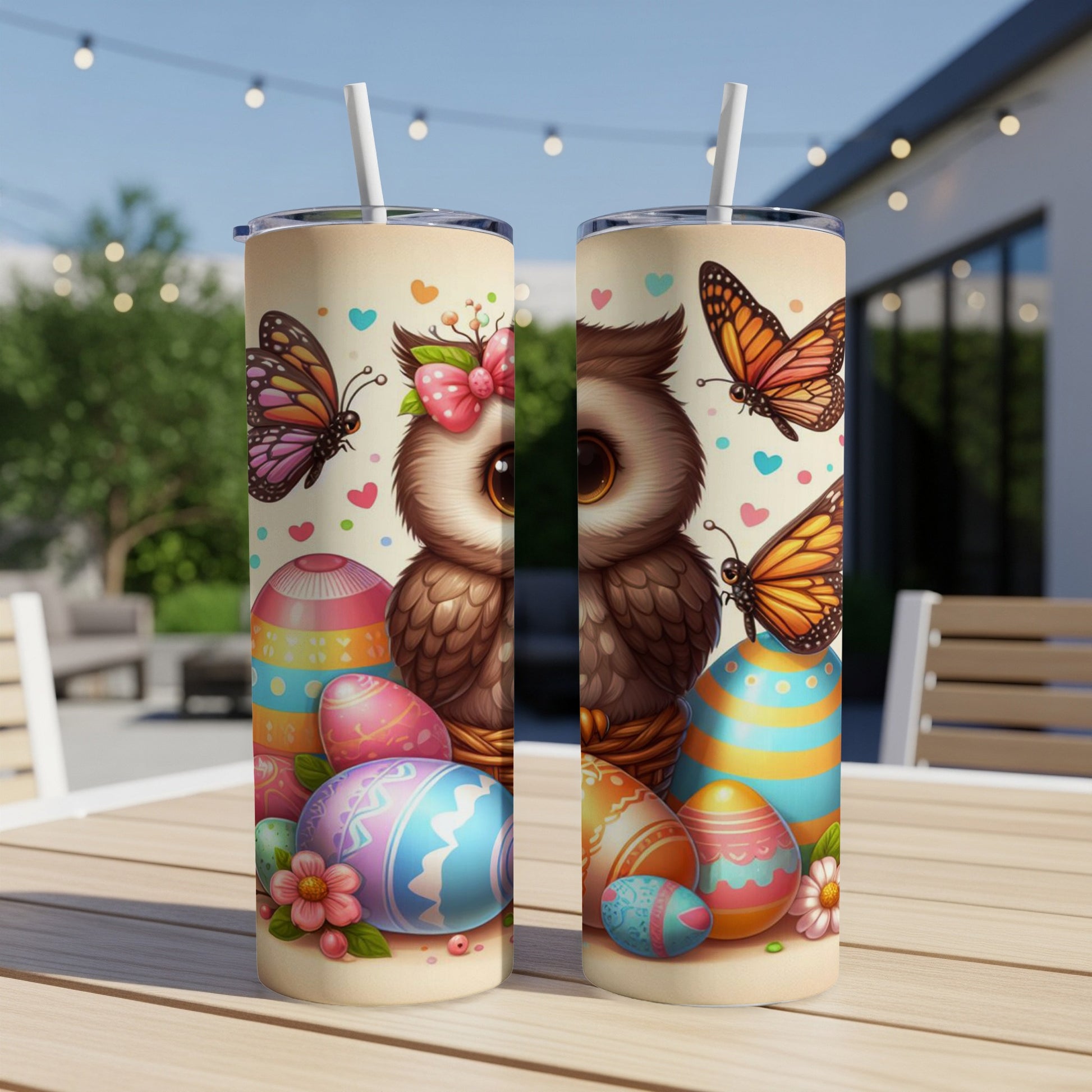 Easter owl surrounded by colorful eggs and butterflies on a tumbler.