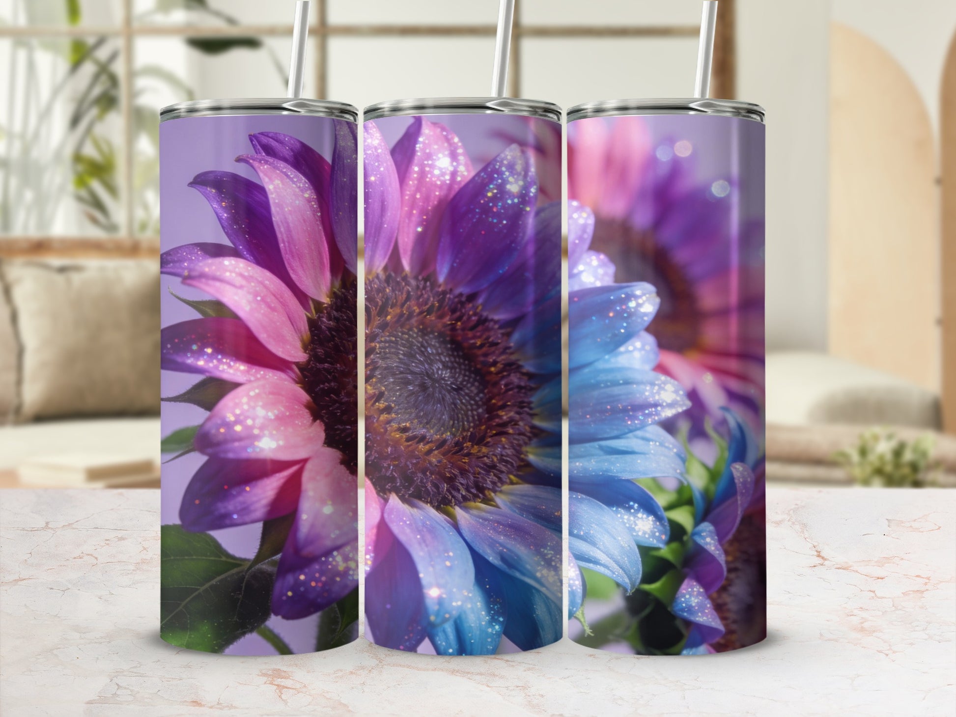 Colorful Glitter Sunflower Design Tumbler Flask