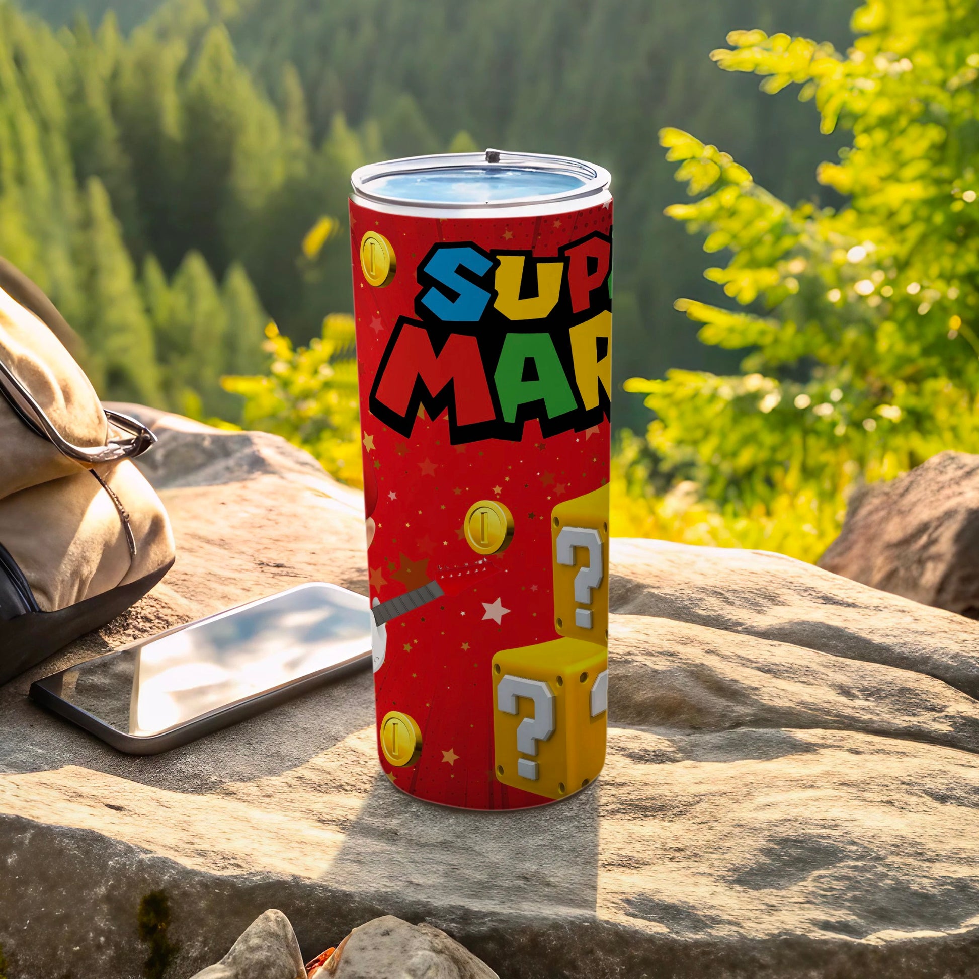 Colorful Super Mario themed tumbler with vivid graphics