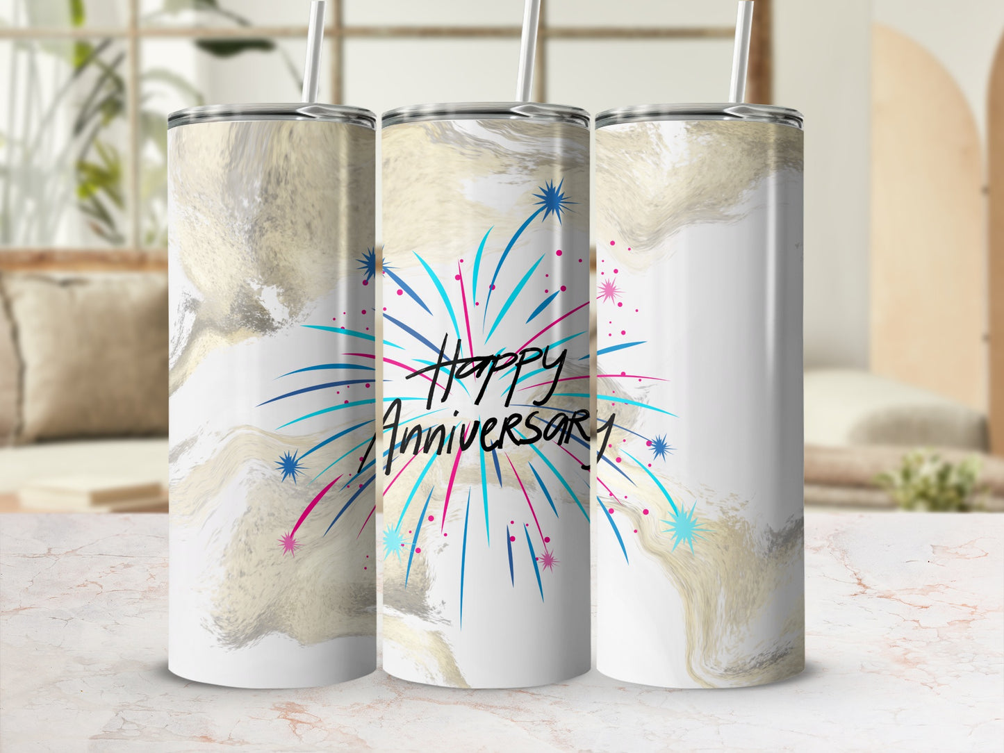 Anniversary tumbler with fireworks and marble design.