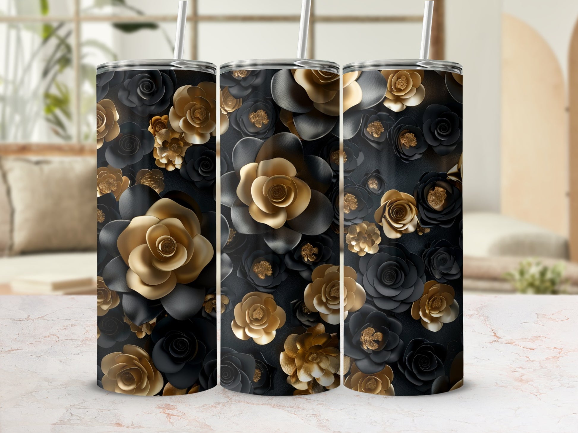 Black and gold floral pattern on a tumbler with a straw.