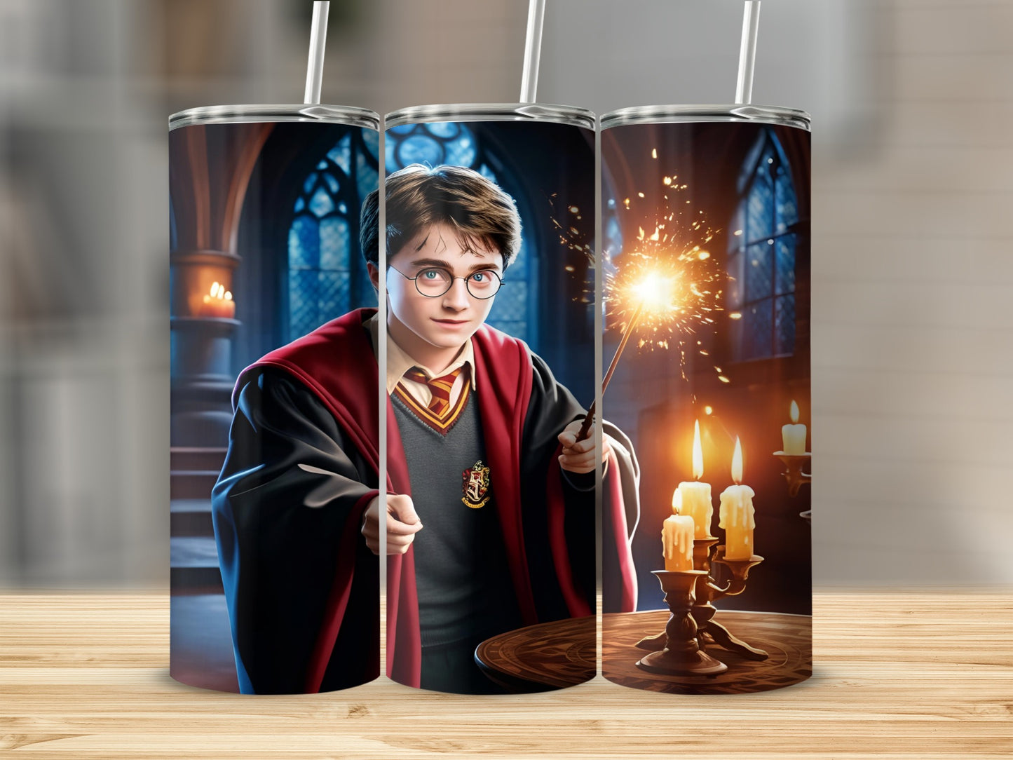 Harry Potter casting a spell with a wand, in Hogwarts Great Hall.