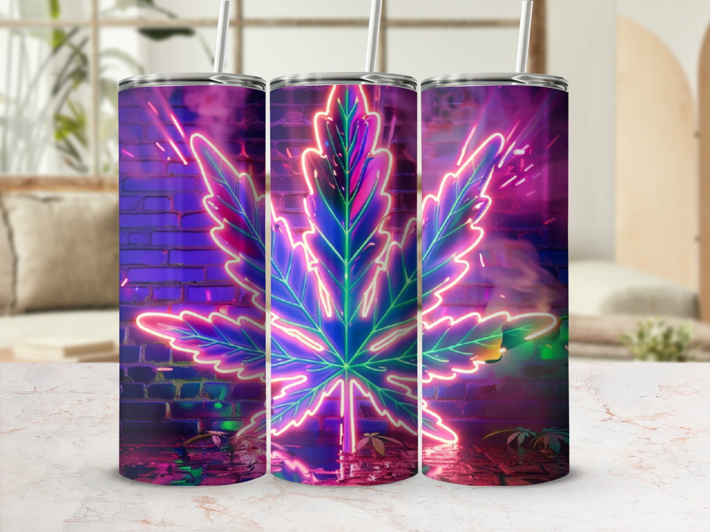 Neon marijuana leaf on a brick wall tumbler.