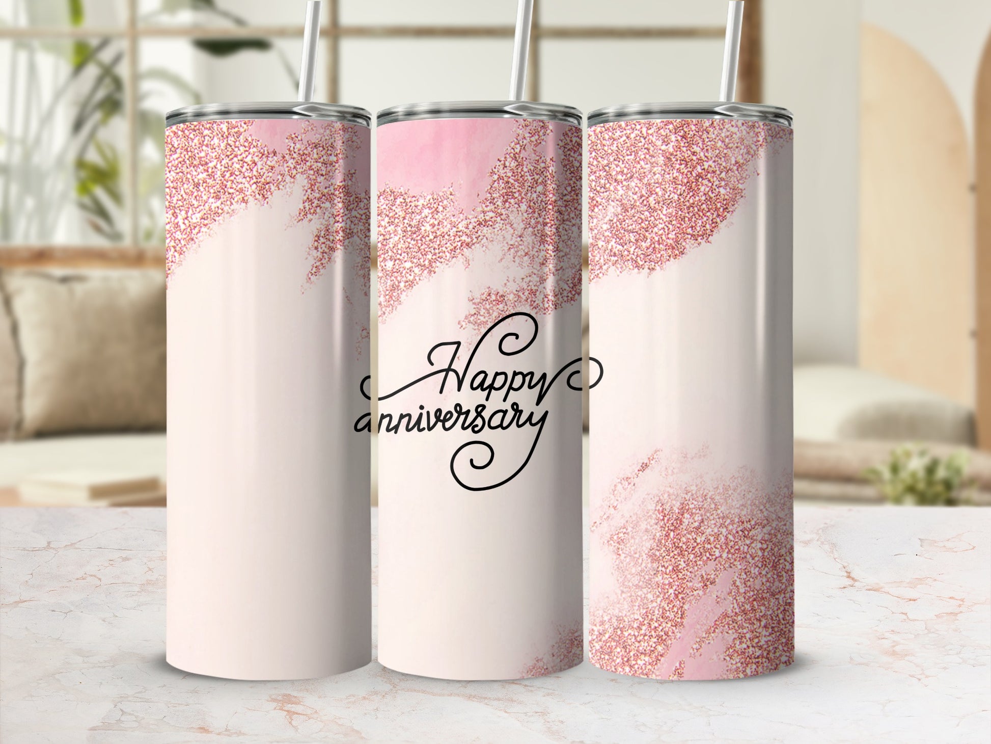 Glittery pink tumbler with "Happy anniversary" text.