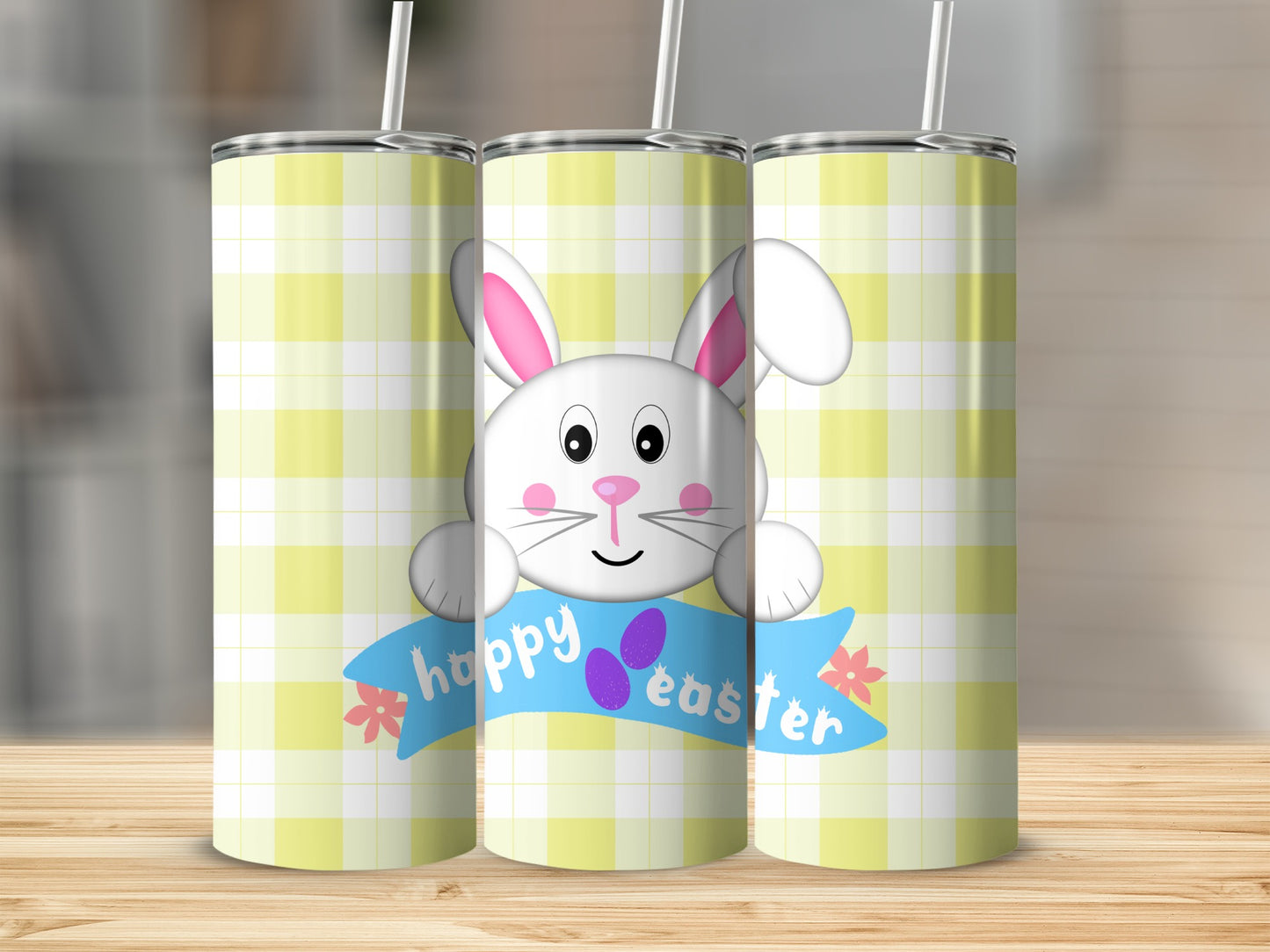 Happy Easter bunny with purple eggs on a checkered background.