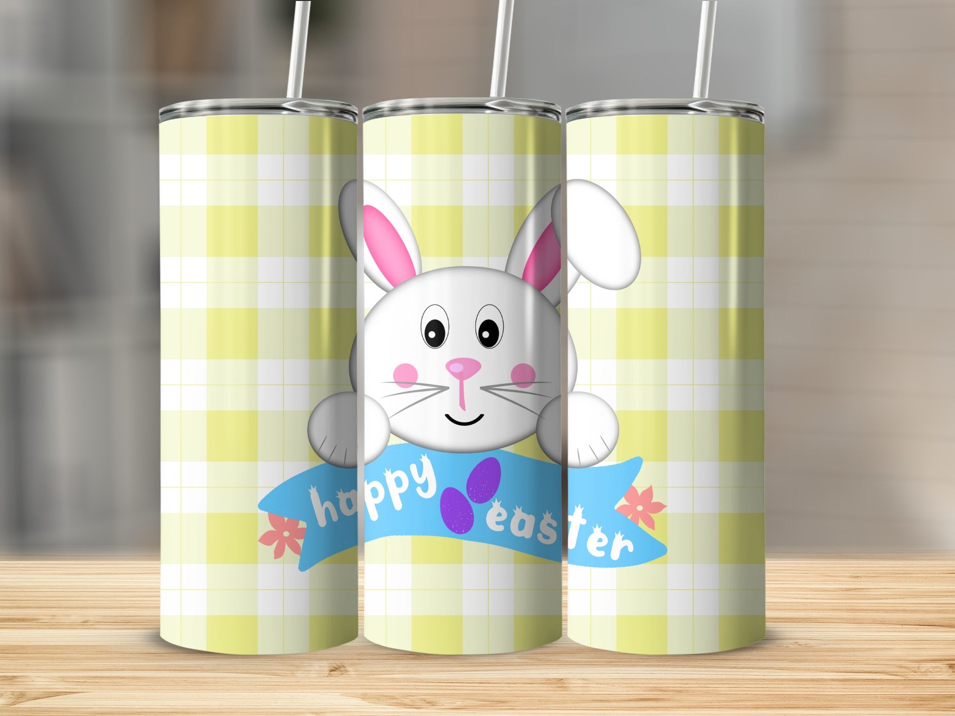 Happy Easter bunny with purple eggs on a checkered background.