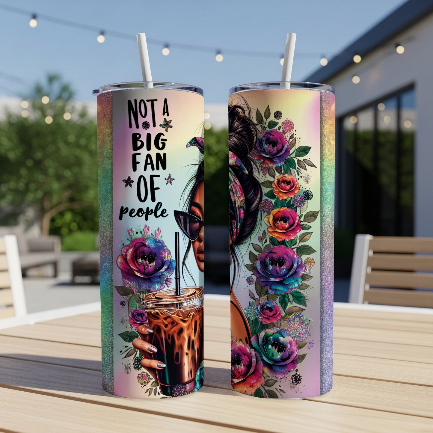 Tumbler with "Not a big fan of people" text and floral design.