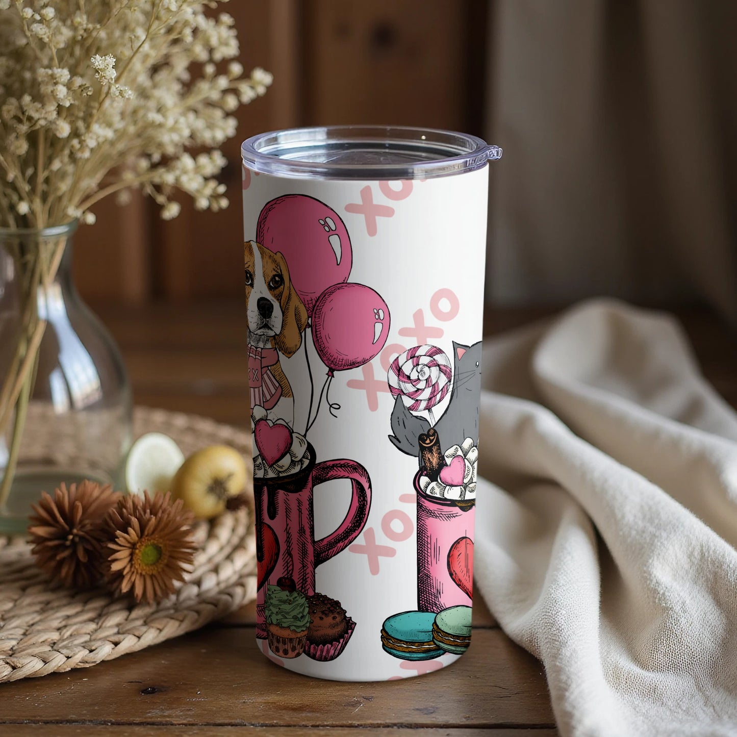 Cute Dog and Cat with Balloons and Treats Tumbler