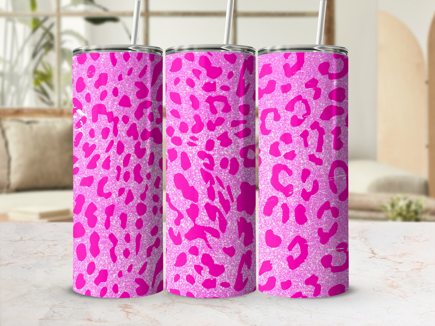 Pink Leopard Print Tumblers with Glitter Design