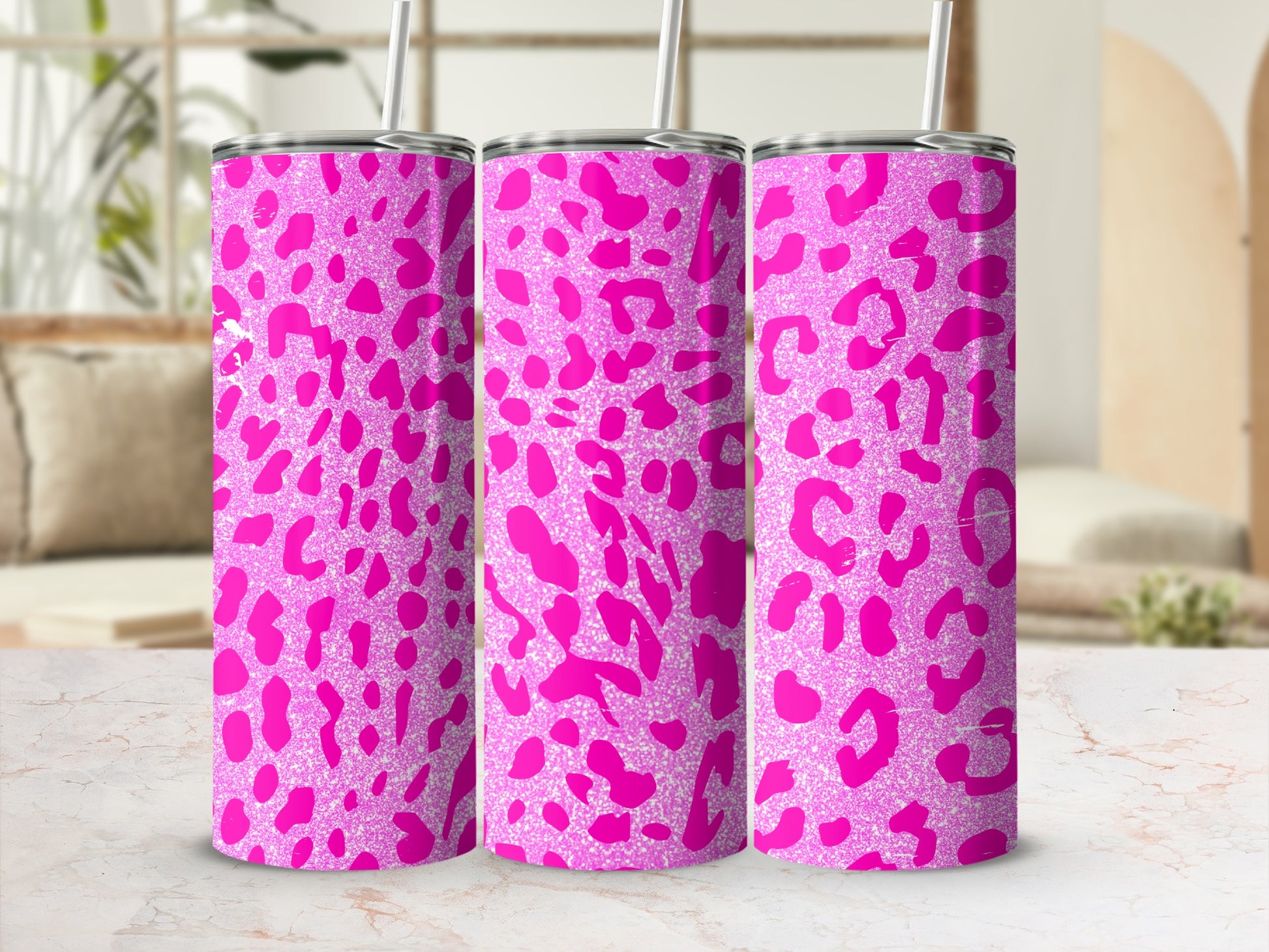Pink Leopard Print Tumblers with Glitter Design