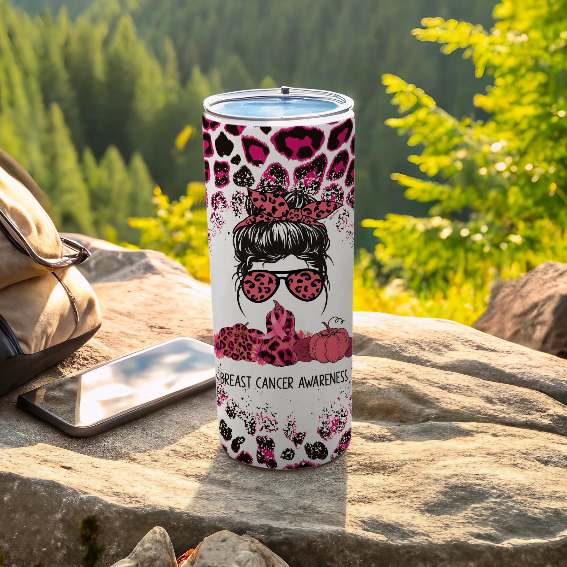 Pink leopard print tumbler with "Breast Cancer Awareness" text.