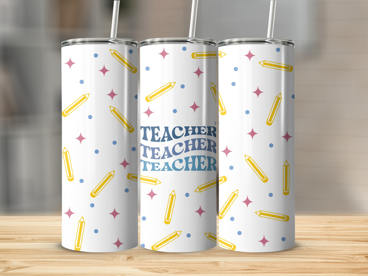 Teacher tumbler with pencils, stars, and dots pattern.