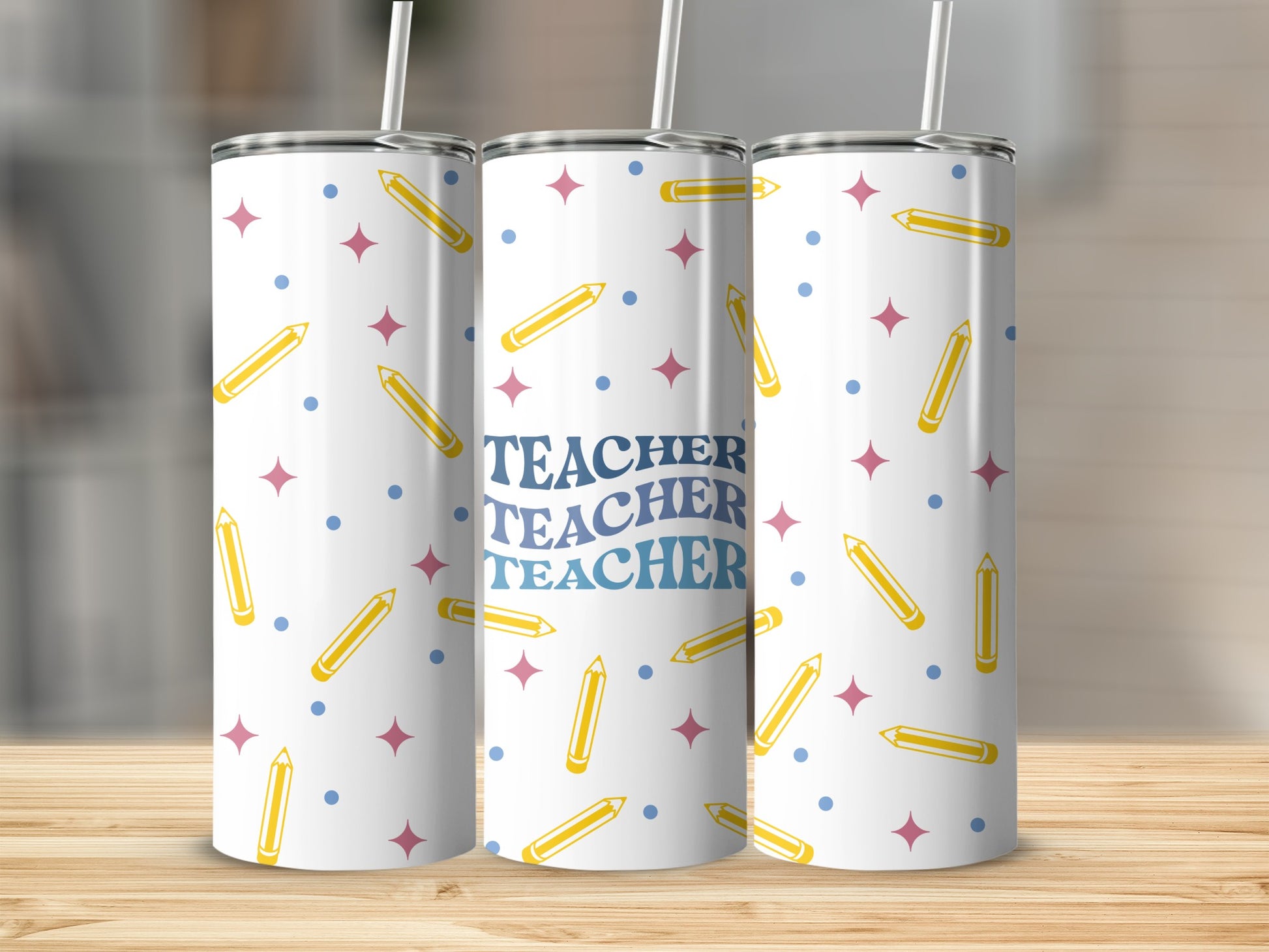 Teacher tumbler with pencils, stars, and dots pattern.