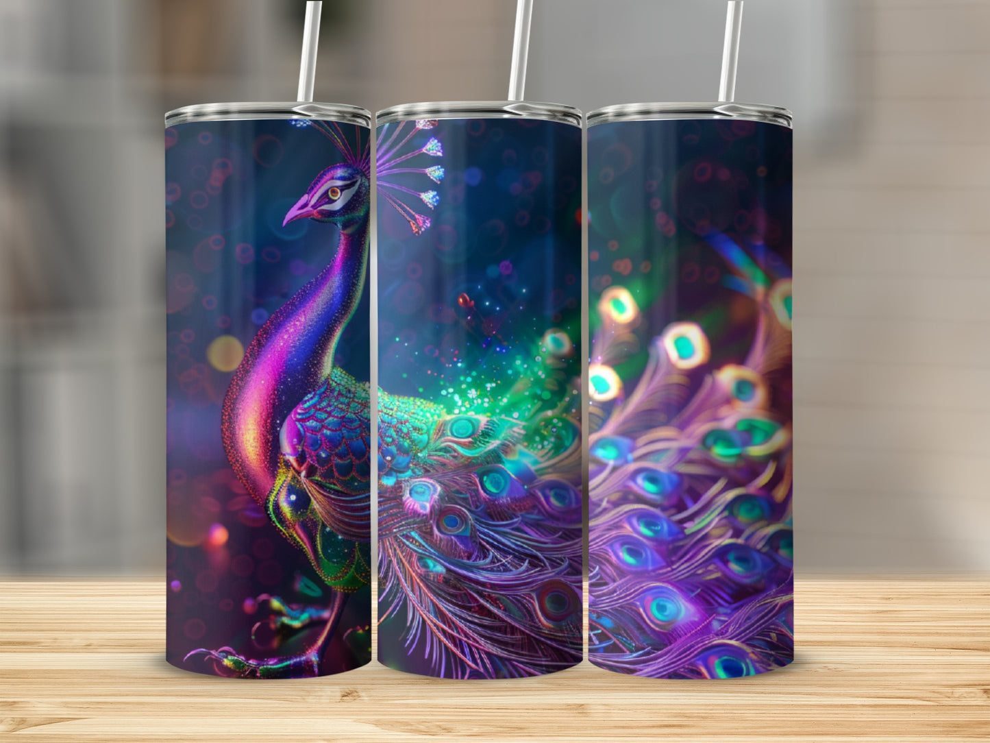 Three tumblers featuring a vibrant peacock with iridescent feathers.