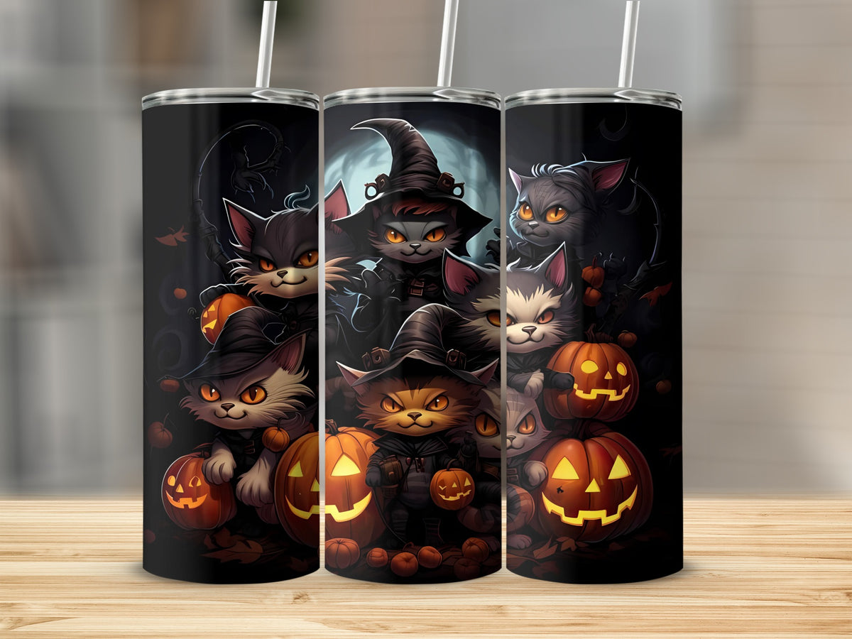 Halloween cats and pumpkins design on three tumblers with straws.