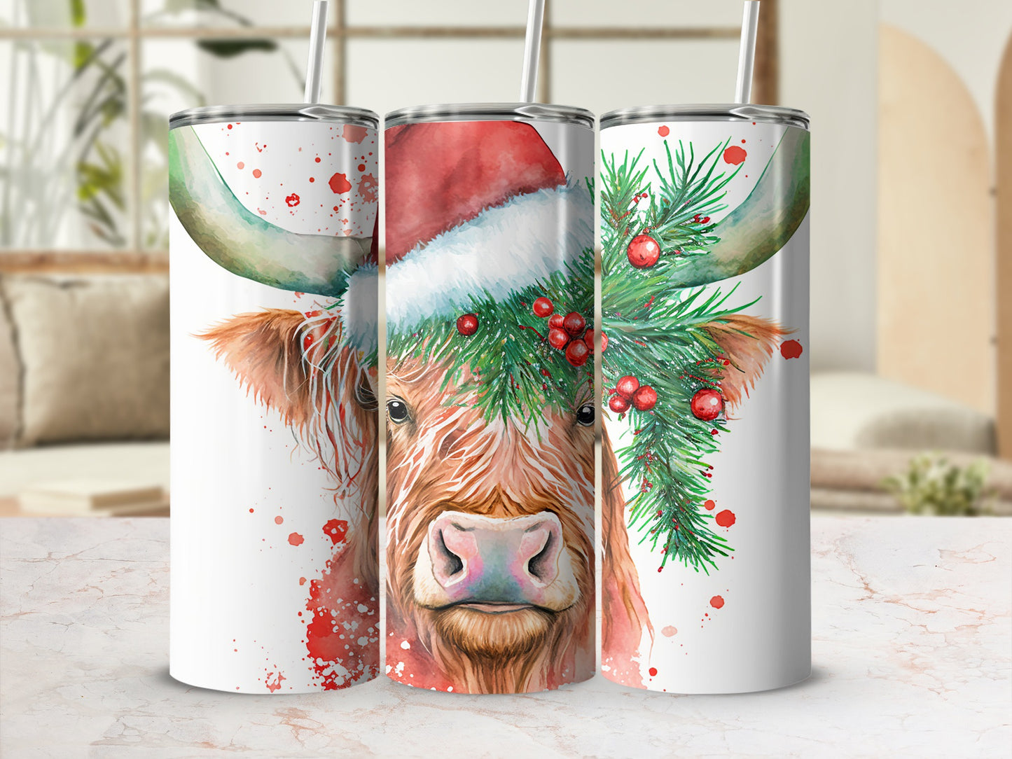 Highland cow wearing Santa hat and festive greenery.
