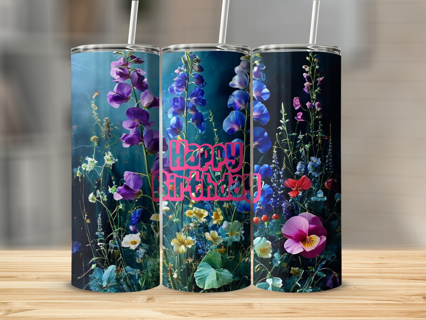 Three tumblers with floral design and "Happy Birthday" text.