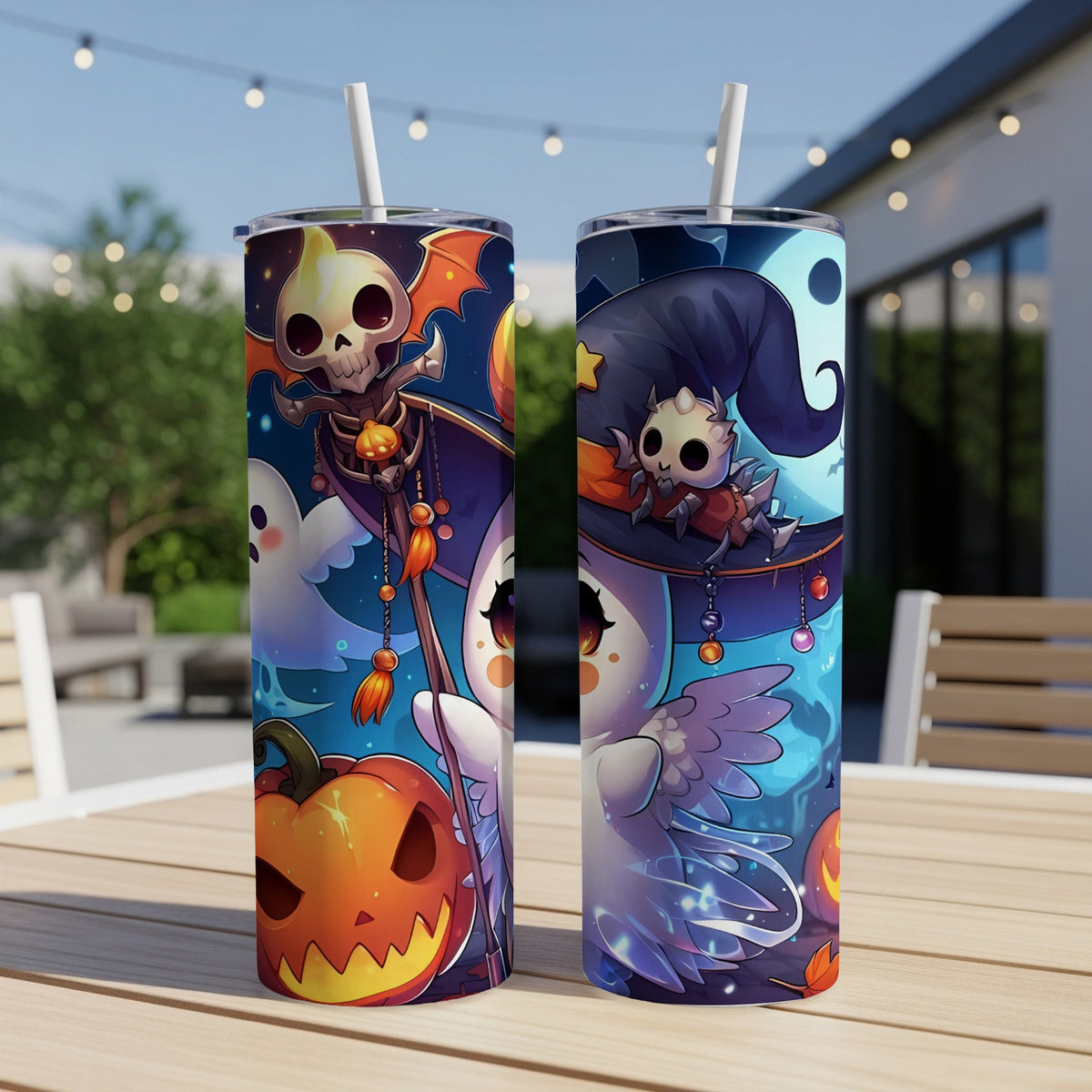 Two tumblers with Halloween-themed anime art featuring a skeleton, ghost, and witch.