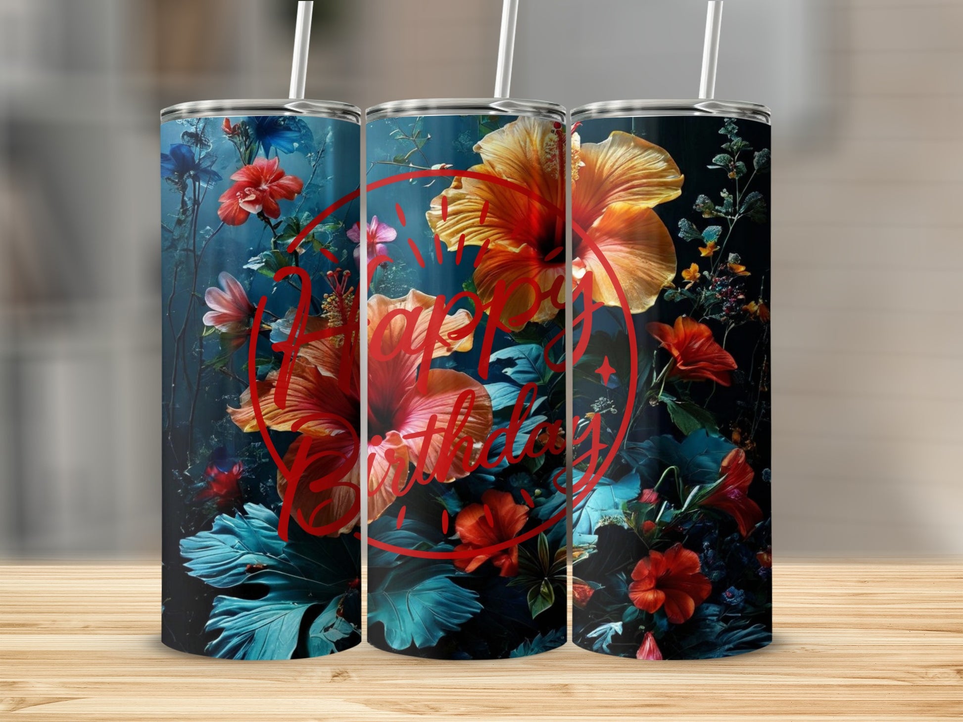 Floral tumbler with "Happy Birthday" text and vibrant flowers.