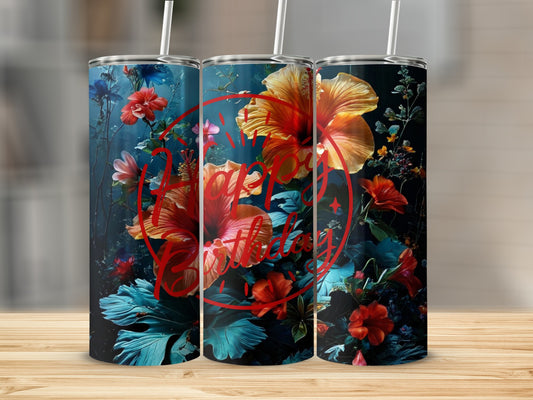 Floral tumbler with "Happy Birthday" text and vibrant flowers.