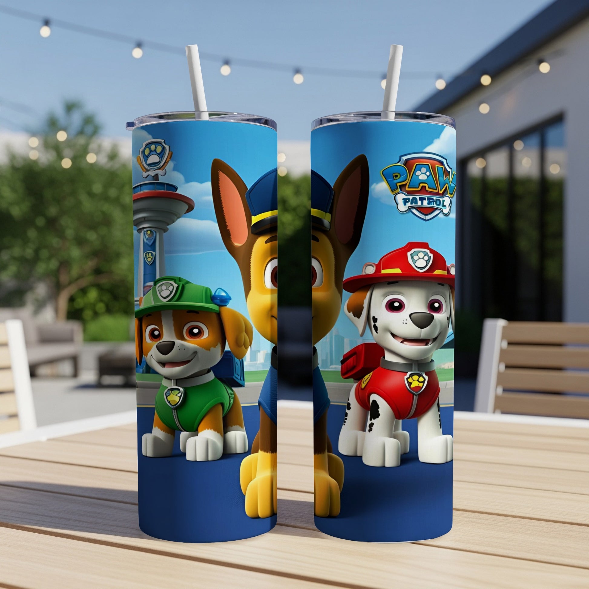 Paw Patrol pups Chase and Marshall on a blue tumbler with outdoor background.