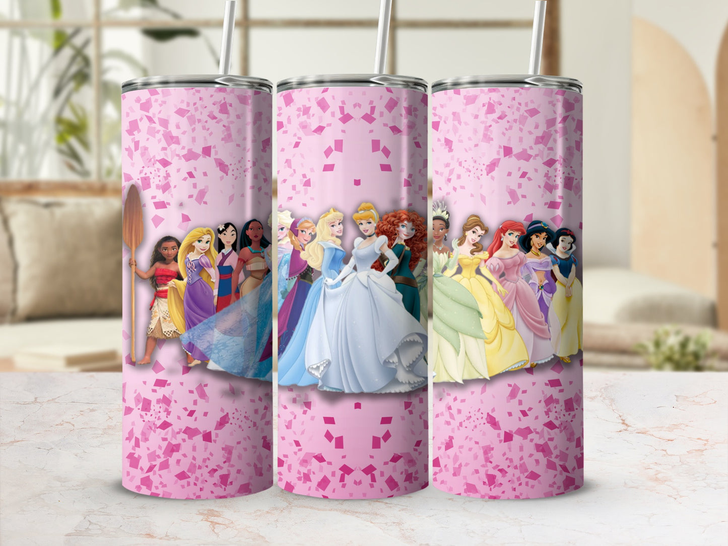 Princesses on Pink Confetti Design Tumbler