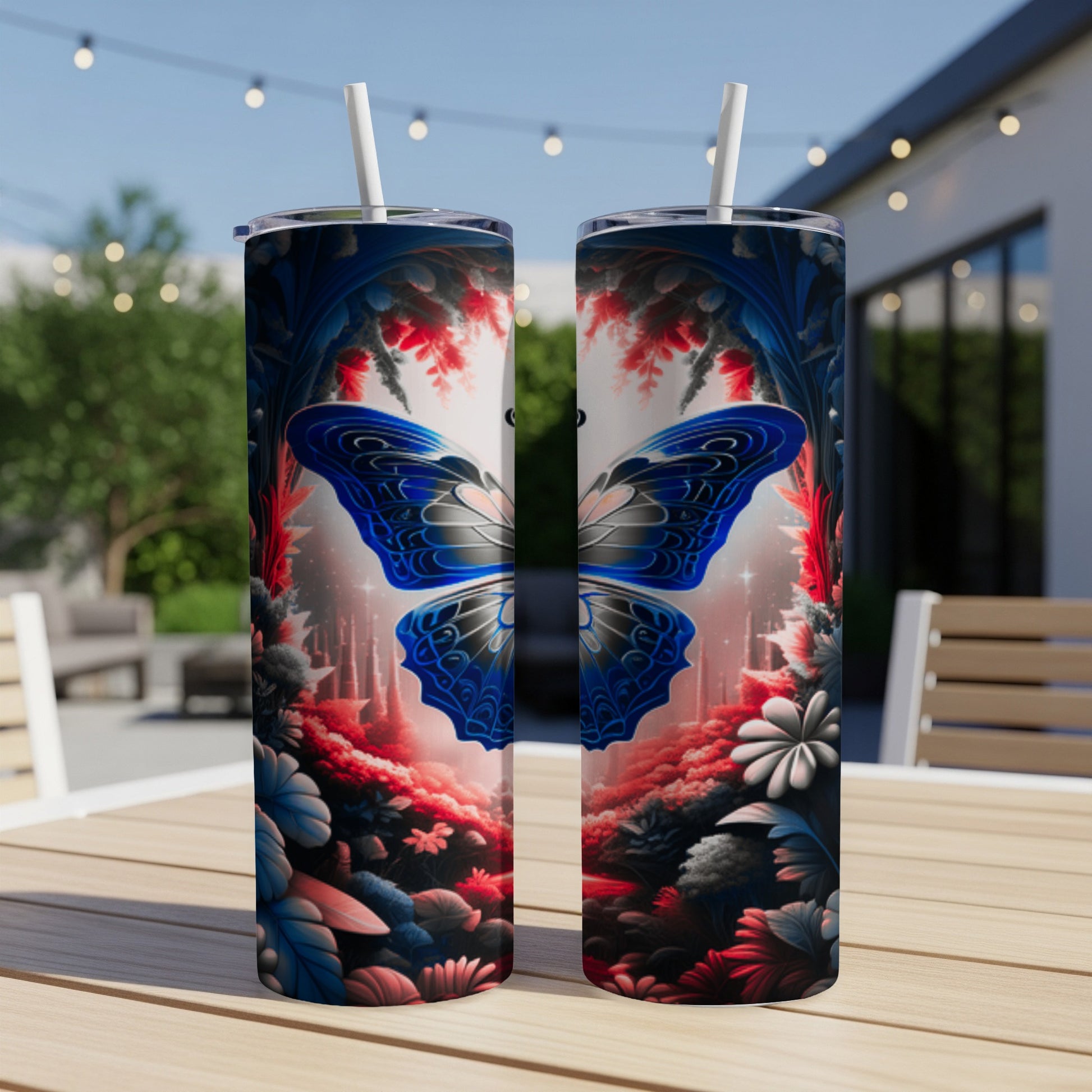 Tumbler with blue butterfly and floral design.