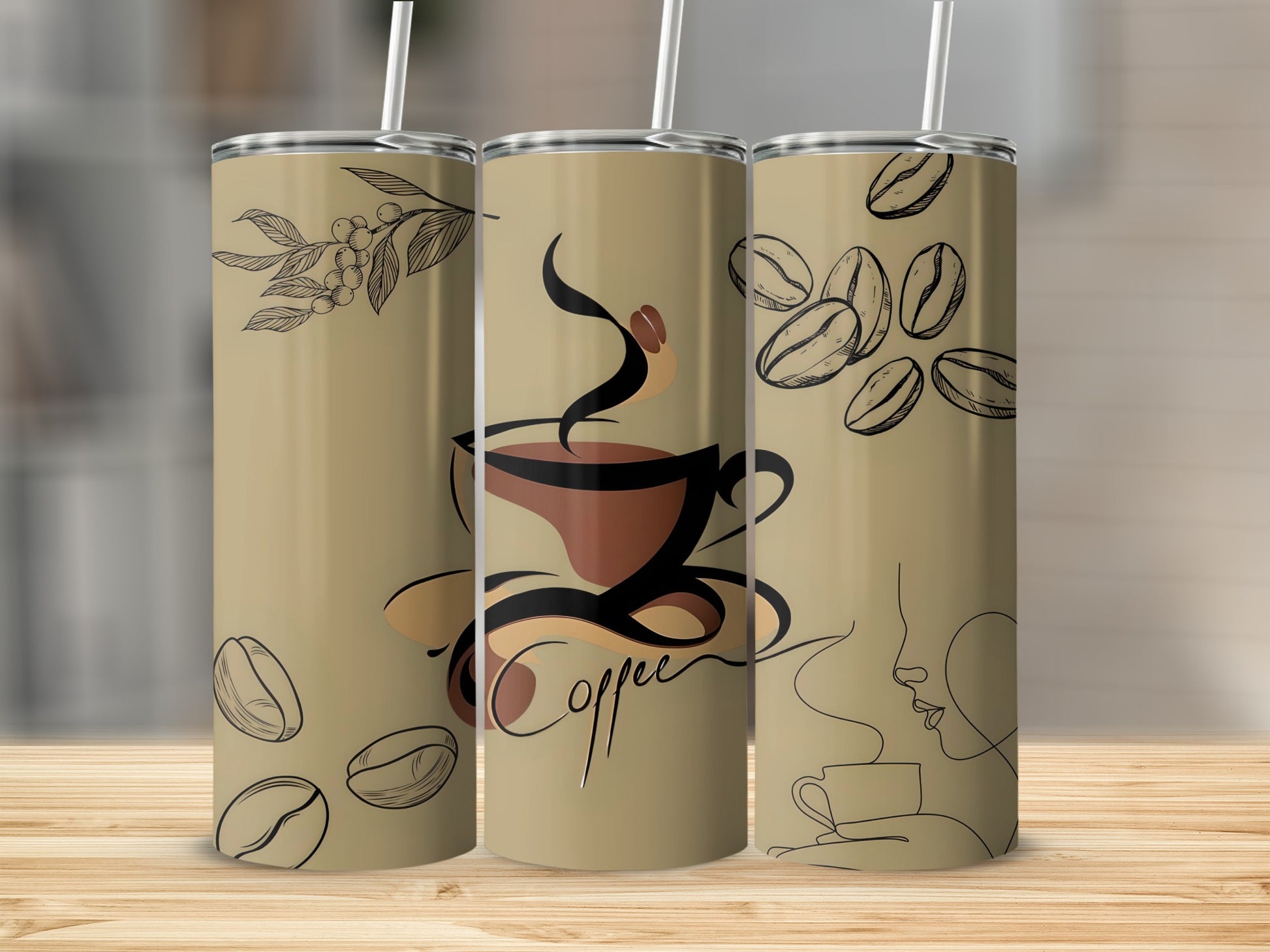 Coffee Art Design Tumbler with Straw Beverage Holder