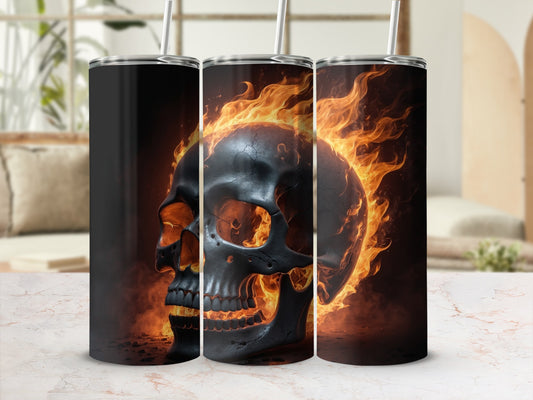 Three tumblers featuring a fiery skull design on a marble countertop.