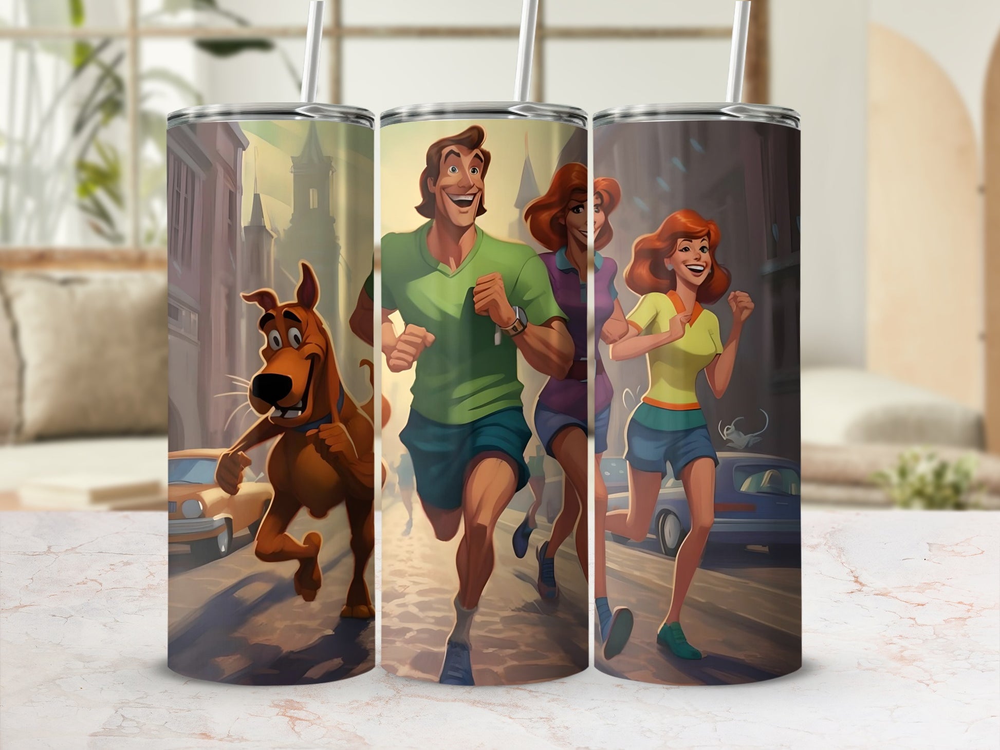 Scooby-Doo and friends run through a city street.