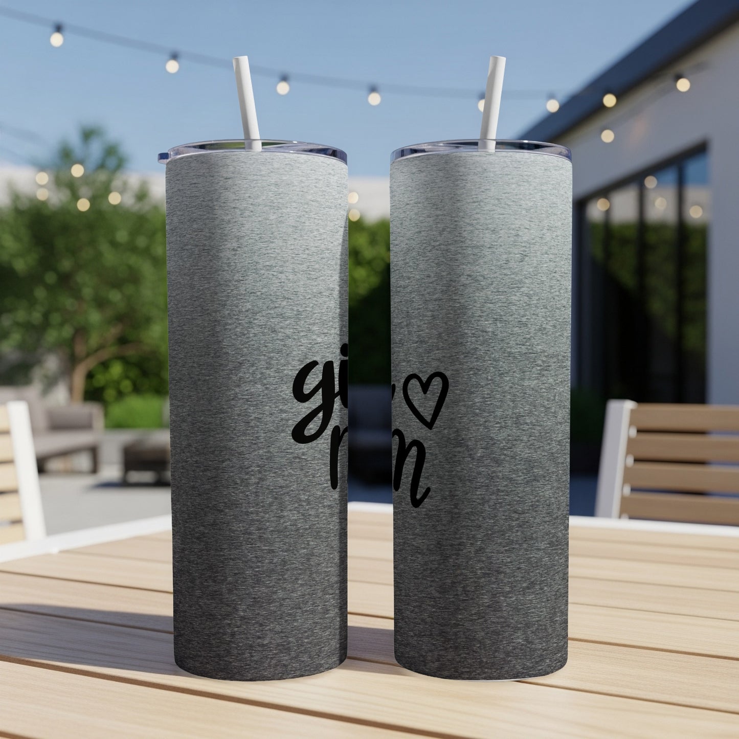 Two gradient tumblers with "Girl Mom" text and heart symbol.