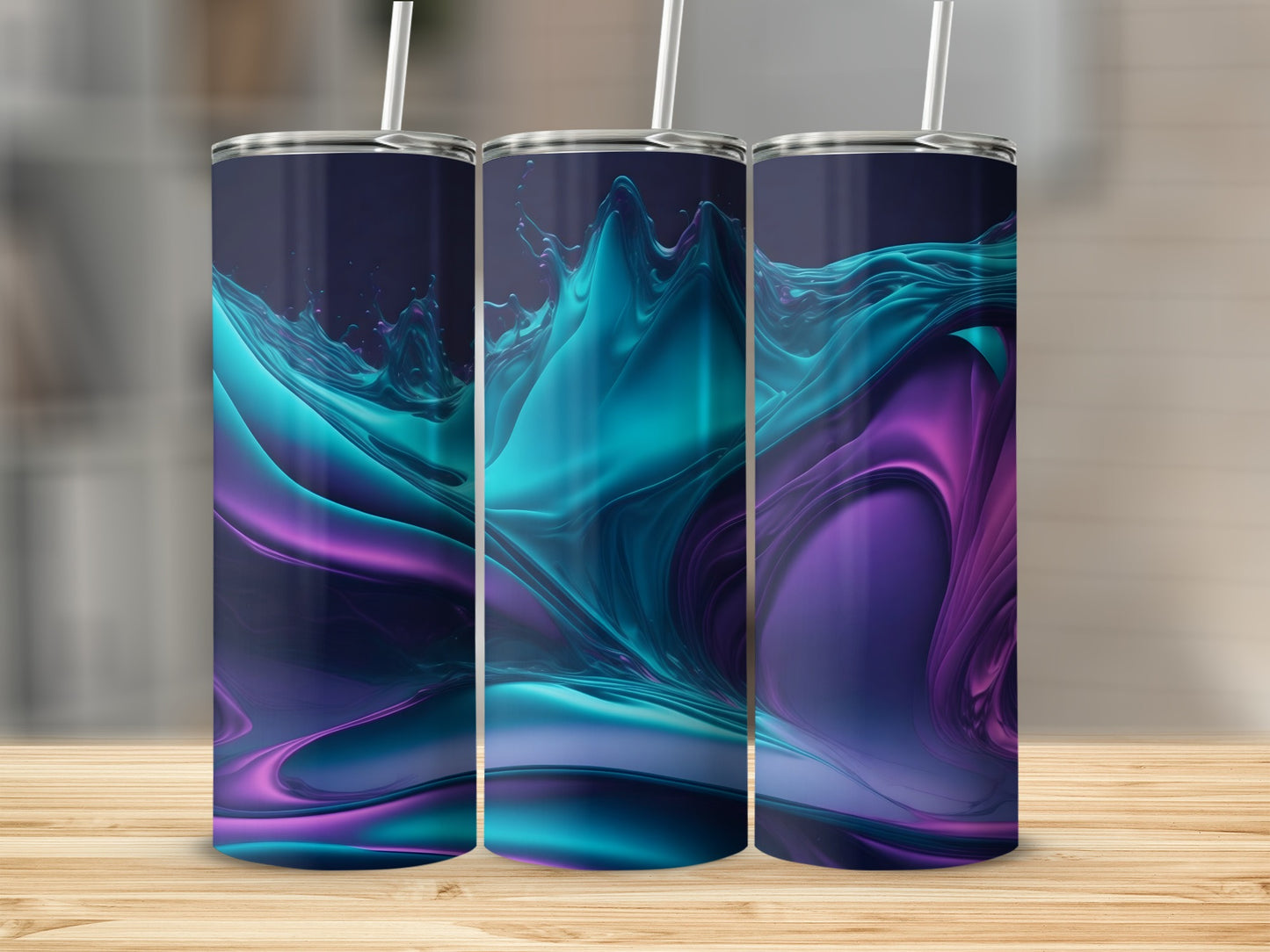 Three tumblers with swirling blue and purple abstract art.