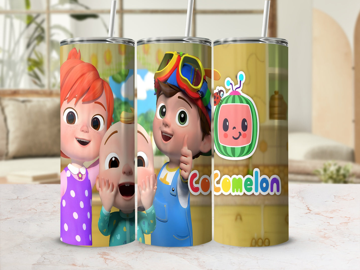 Cocomelon character tumbler with JJ and his siblings.