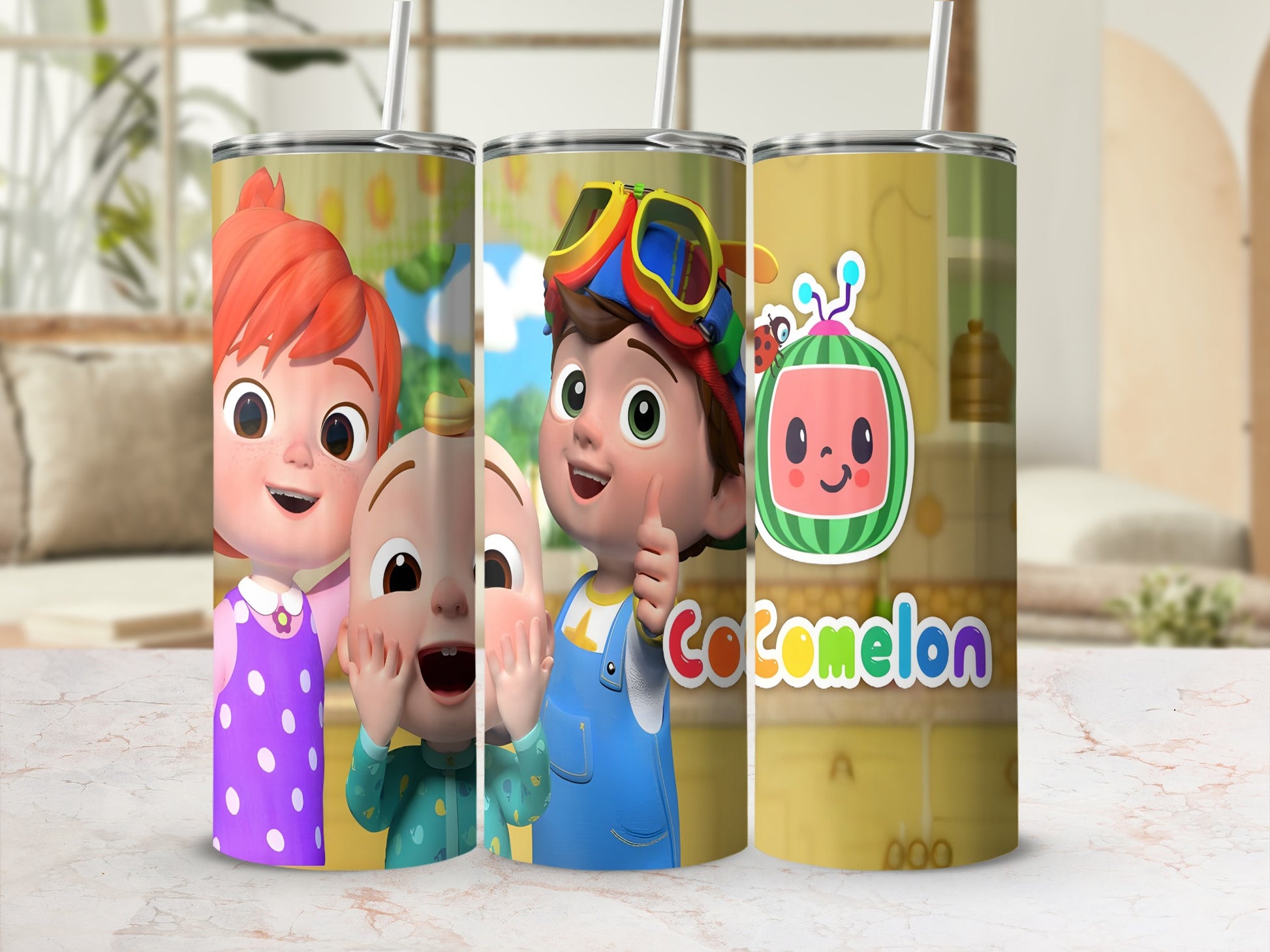Cocomelon character tumbler with JJ and his siblings.