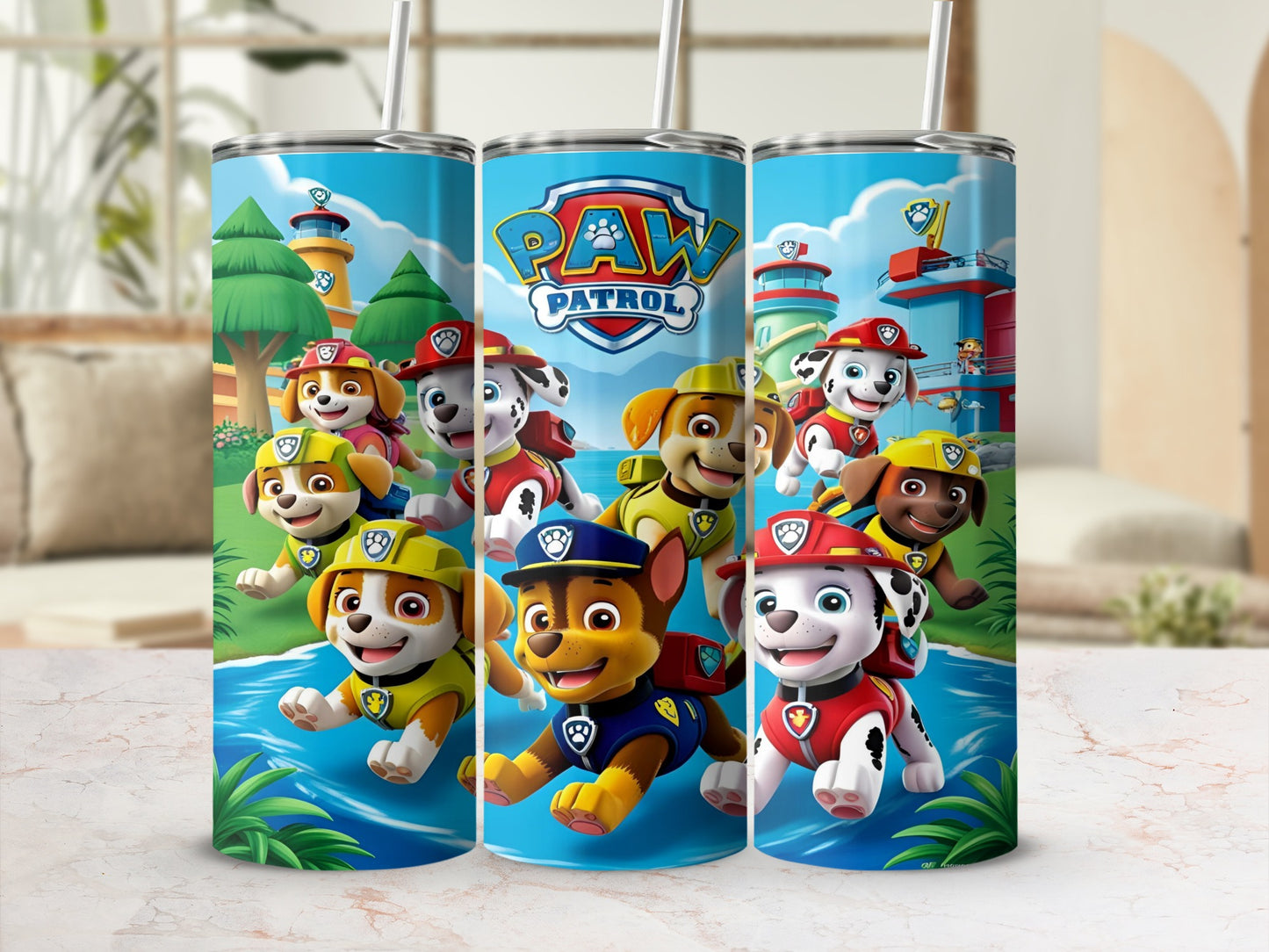 Paw Patrol characters on a blue background with water and foliage.
