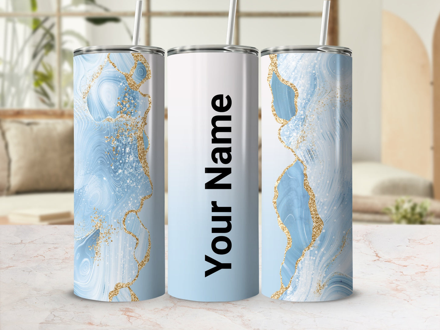 Personalized Blue Swirl Tumbler with Gold Accents