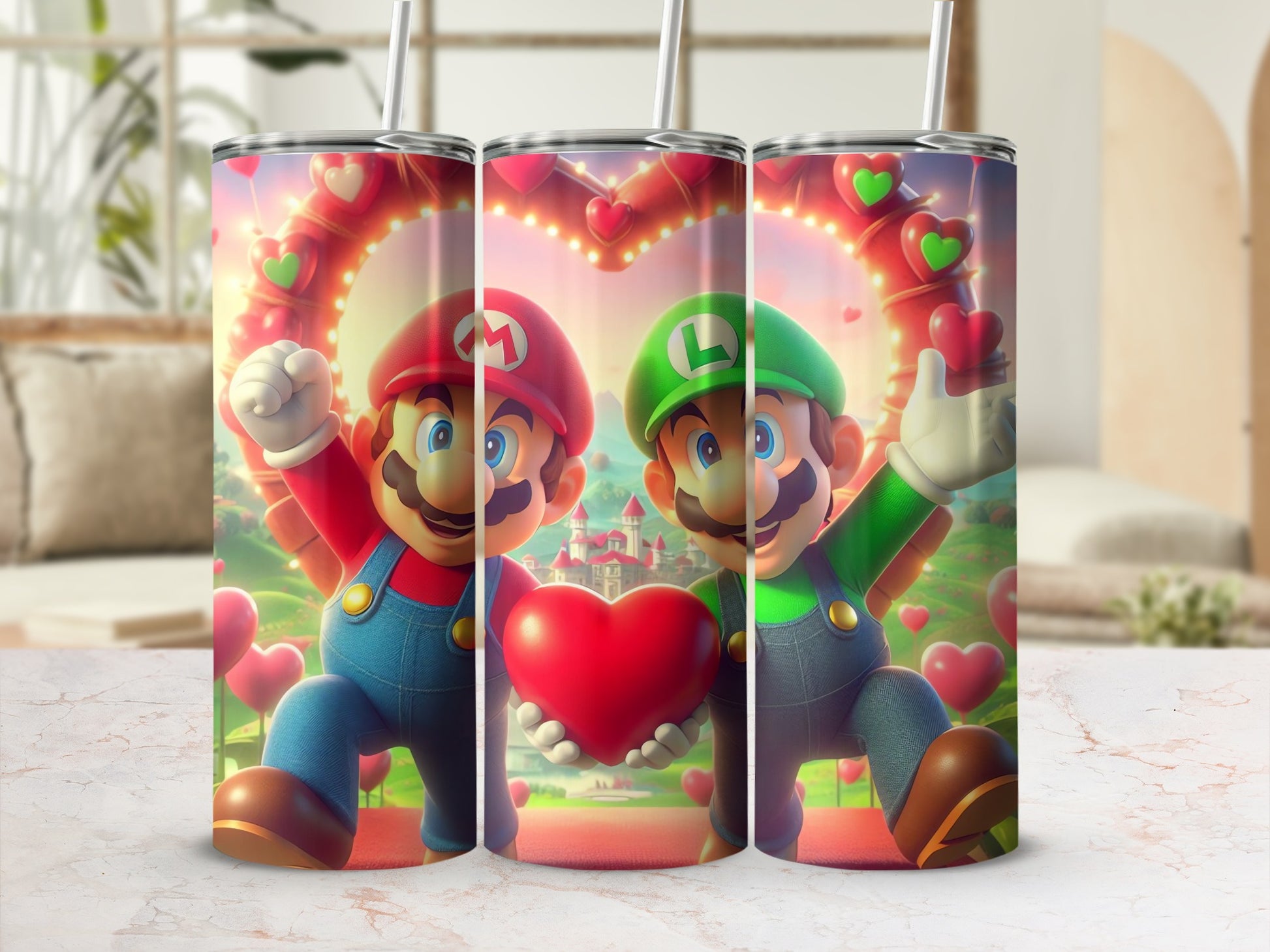 Mario and Luigi Heart Design Travel Tumbler Cup