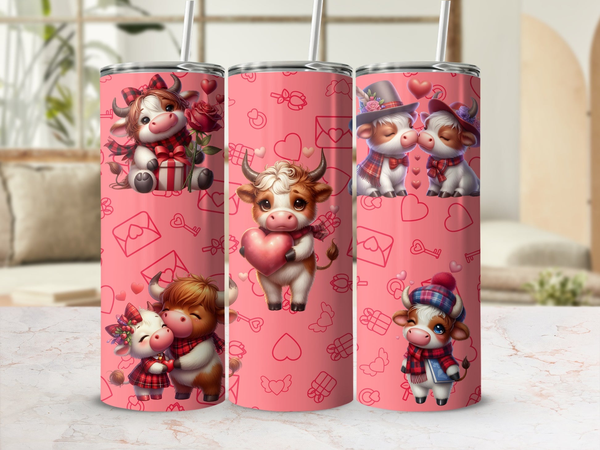 Adorable Cartoon Cows Valentine Themed Tumbler Design