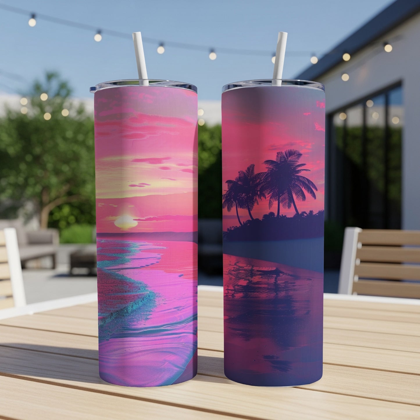 Two tumblers with a vibrant sunset beach scene.