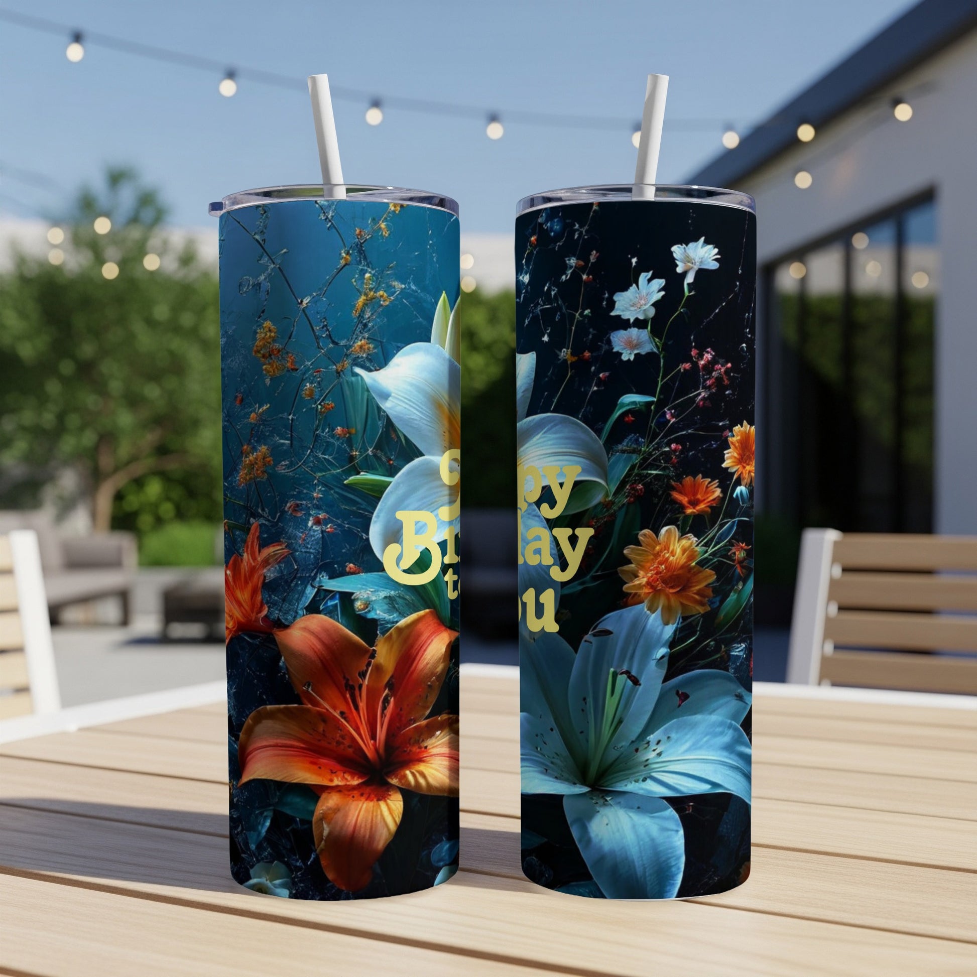 Two tumblers with floral designs and "Happy Birthday" text.