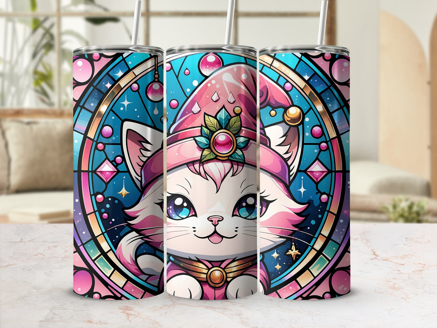 Stained glass-style tumbler with a cute pink cat wearing a hat.