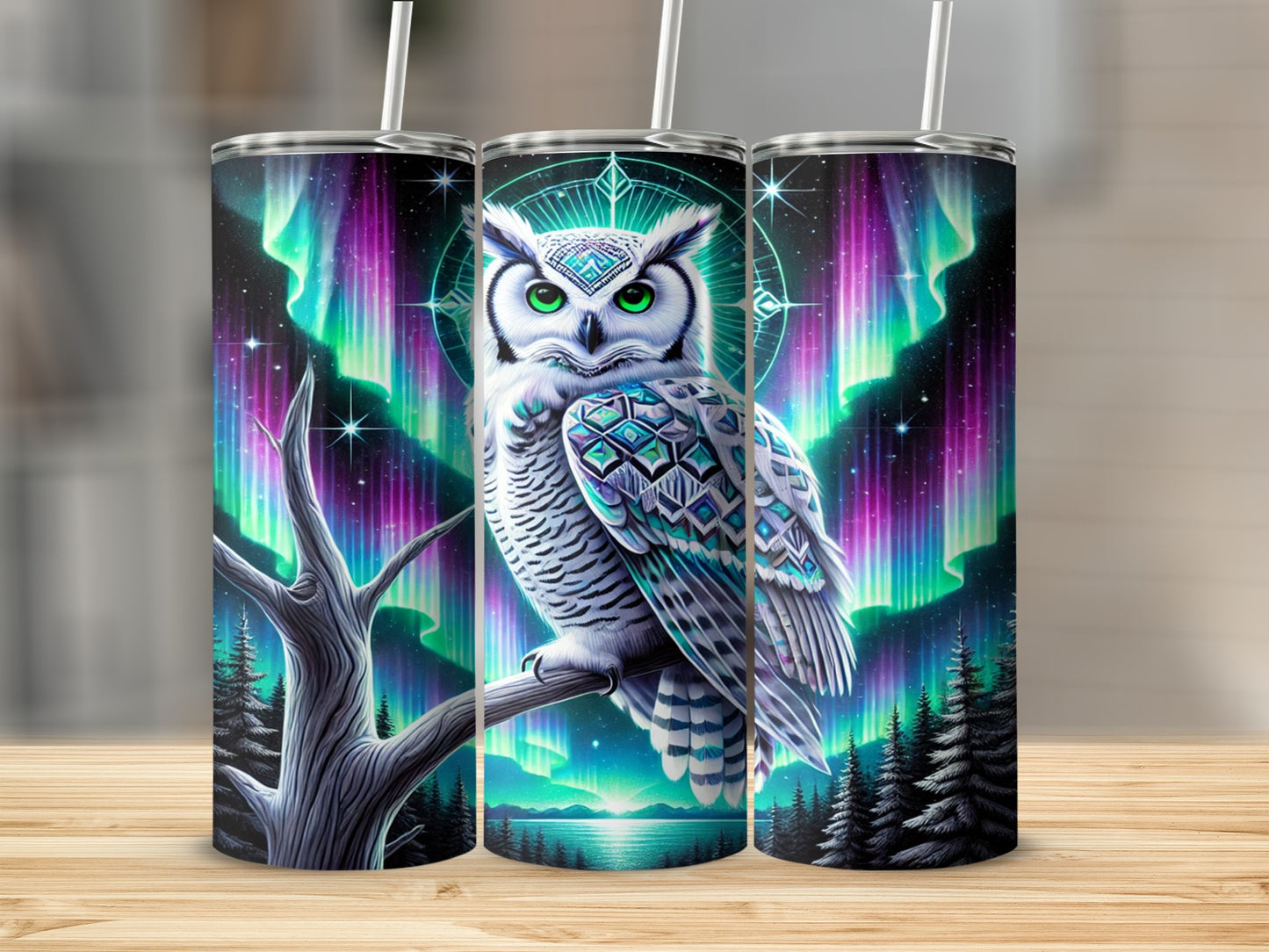 Northern Lights Owl Design Insulated Tumbler
