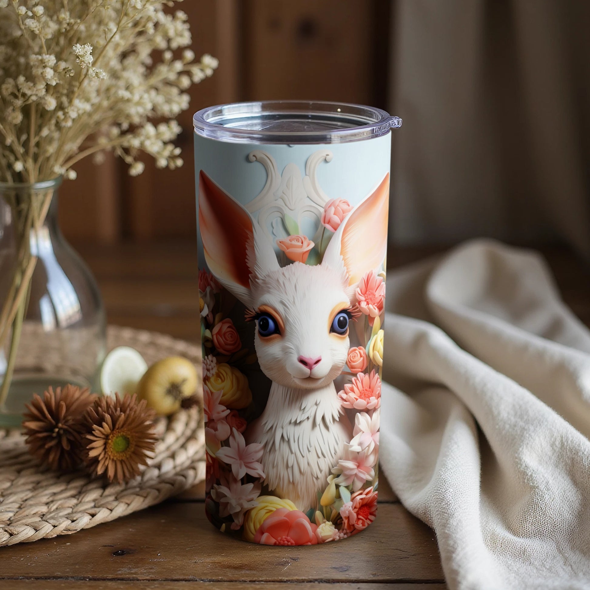 Whimsical Floral Rabbit Design Insulated Tumbler