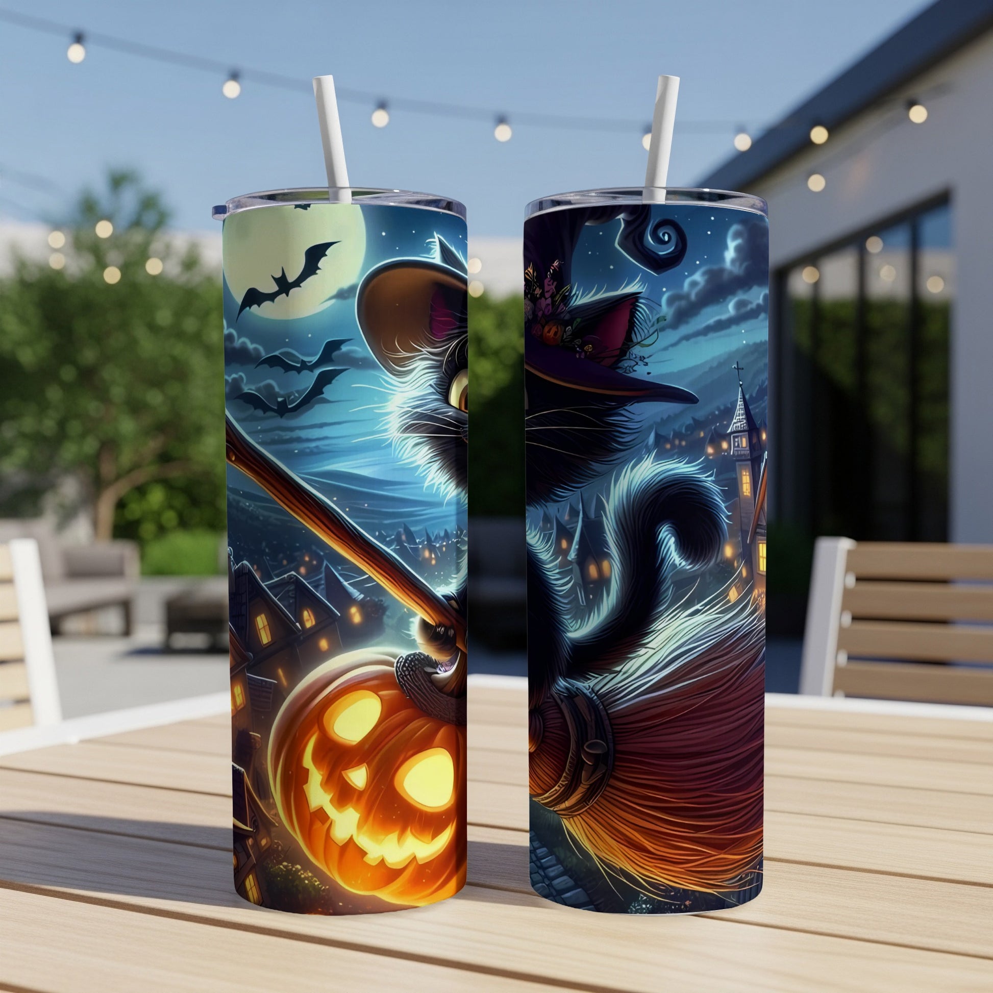 Two Halloween-themed tumblers featuring a black cat witch, pumpkin, and bats on a night cityscape.