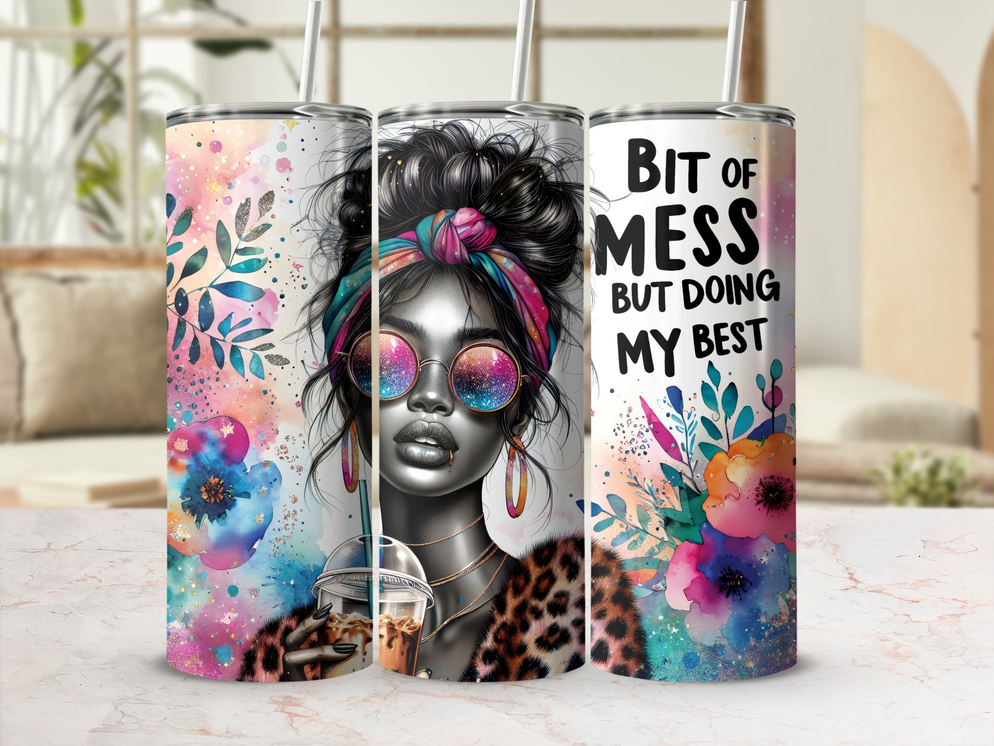 Woman with colorful art, leopard print, and text "Bit of Mess But Doing My Best".